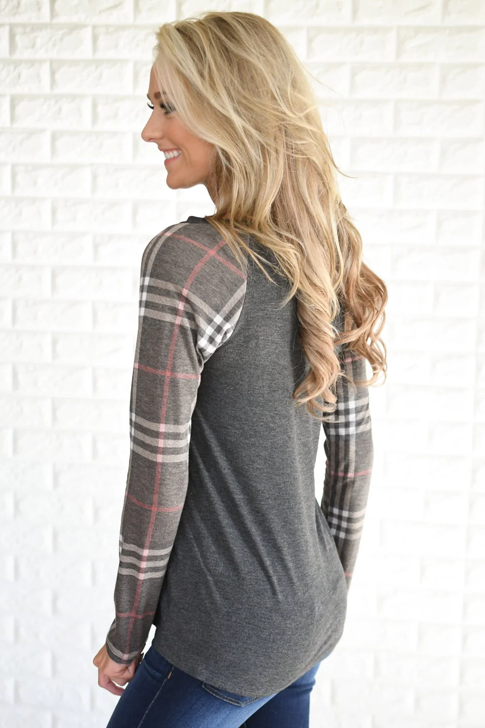 Mocha Plaid Sleeve Raglan Top - Image 5