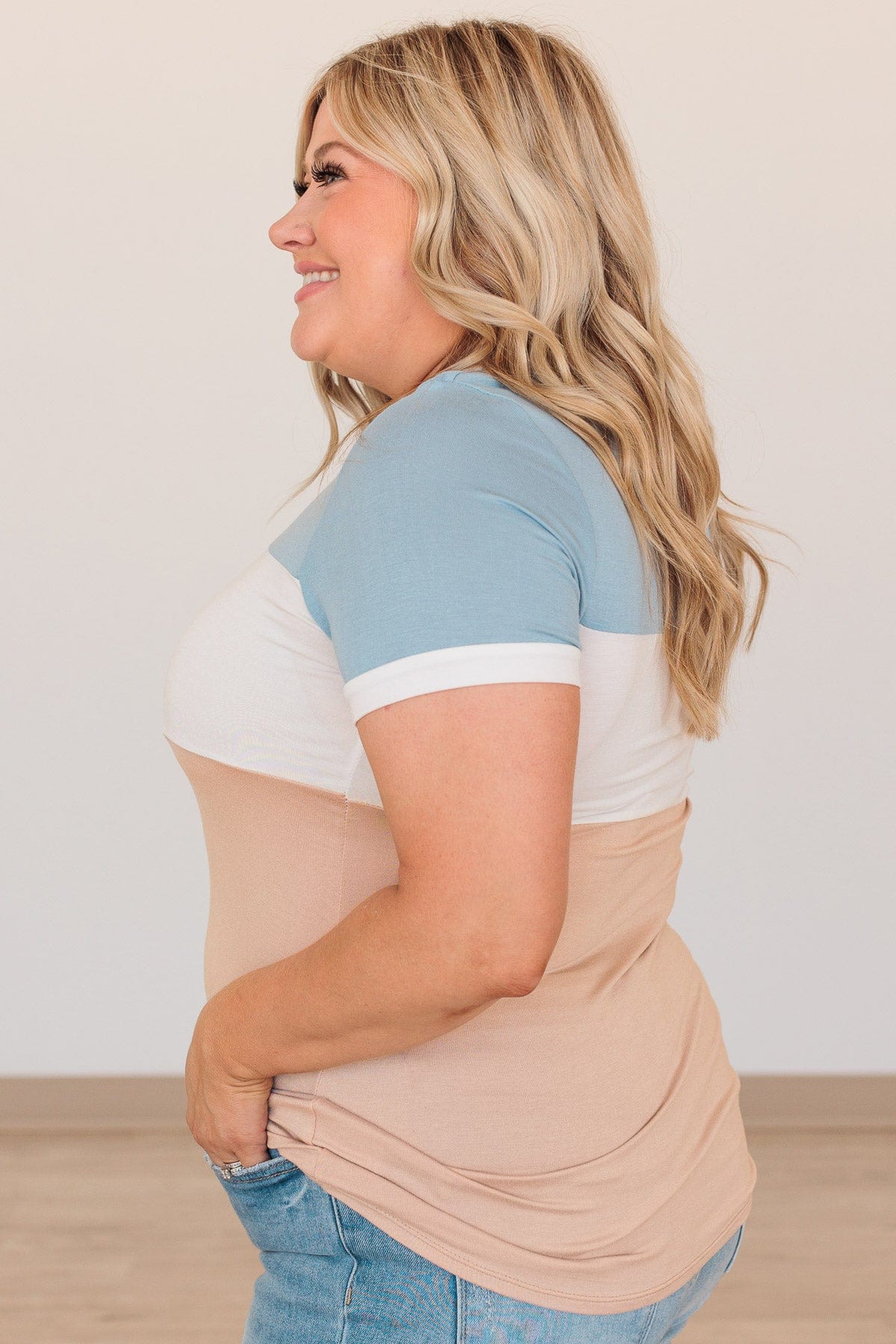 Moment Of Zen Color Block Top- Blue & Taupe - Image 6