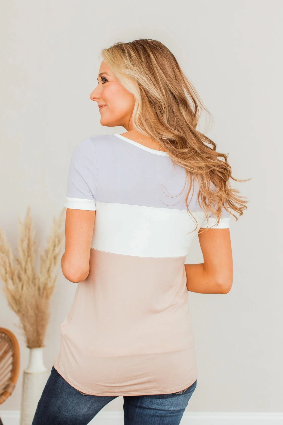 Moment Of Zen Color Block Top- Lavender & Taupe - Image 10
