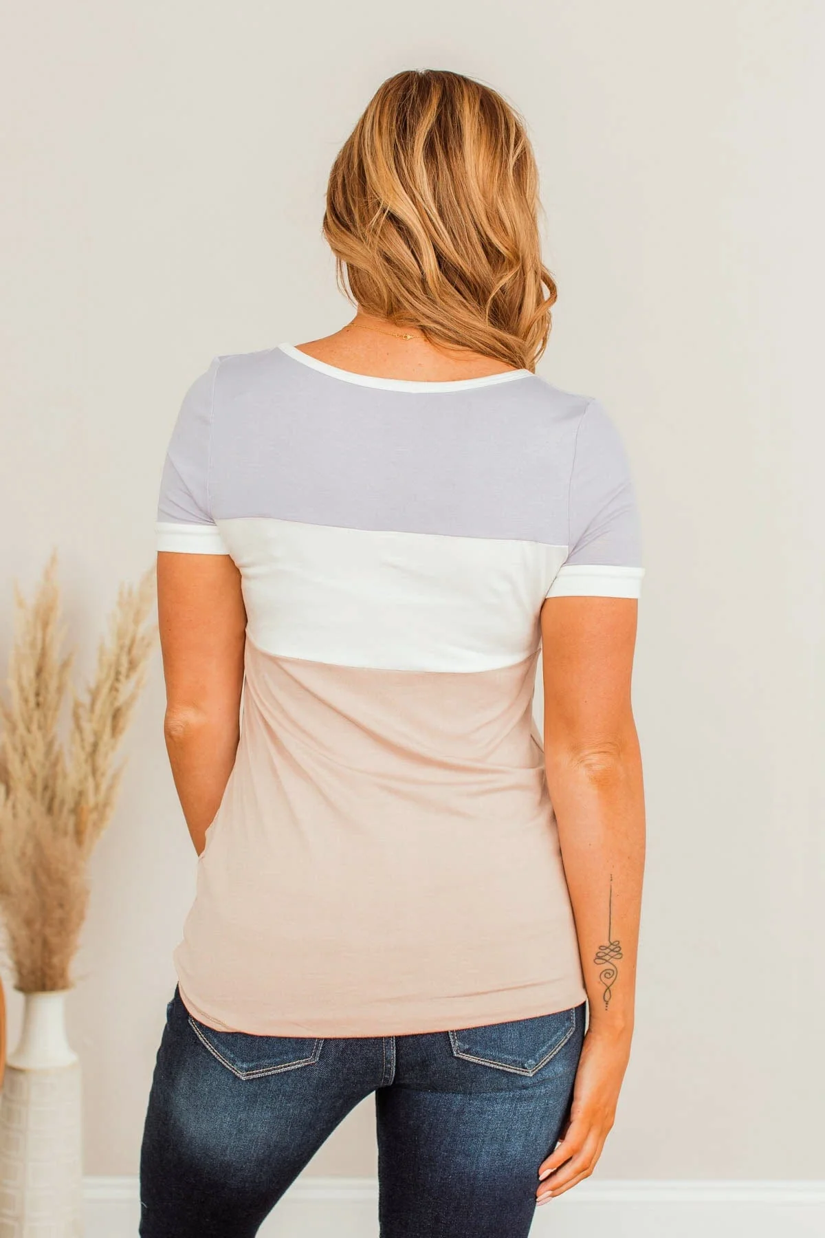 Moment Of Zen Color Block Top- Lavender & Taupe - Image 11
