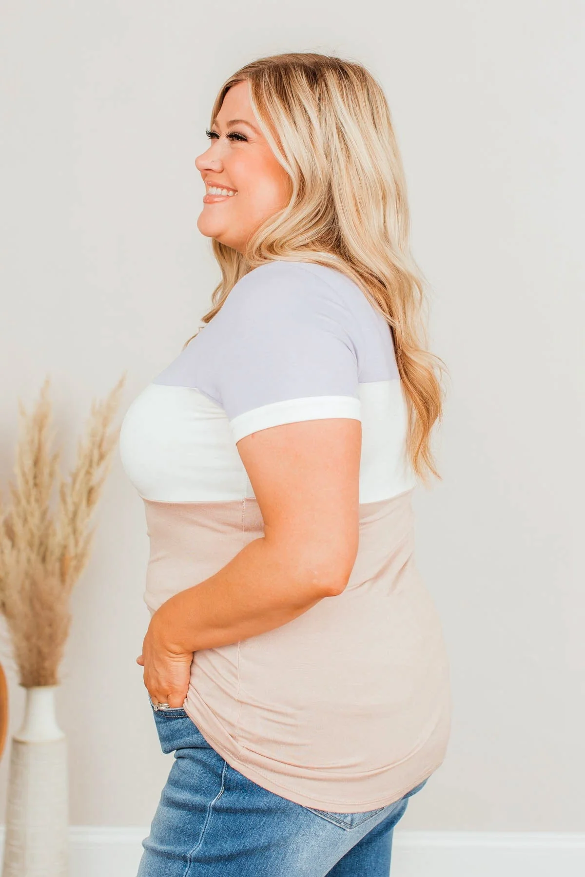 Moment Of Zen Color Block Top- Lavender & Taupe - Image 8