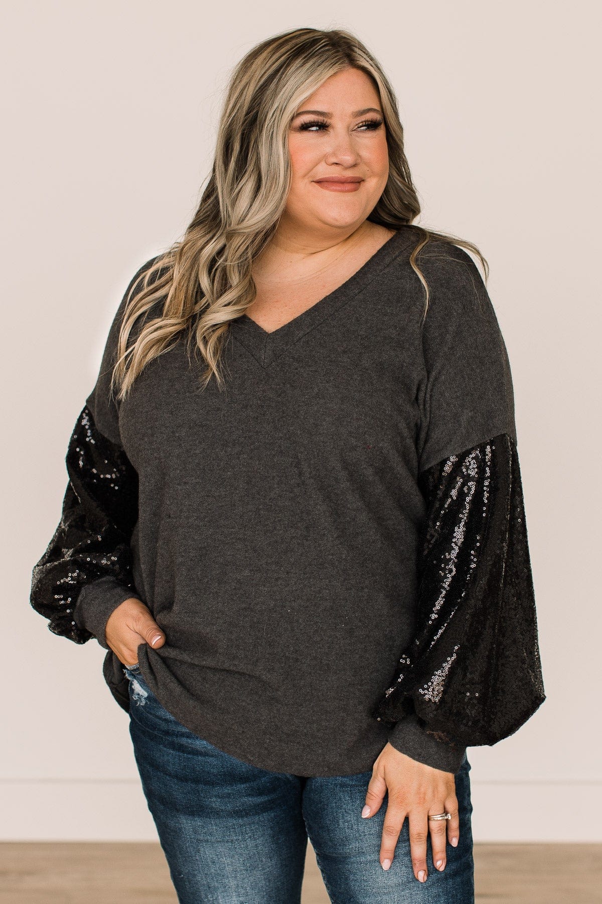 Moments Of Bliss Sequin Sleeve Top- Charcoal