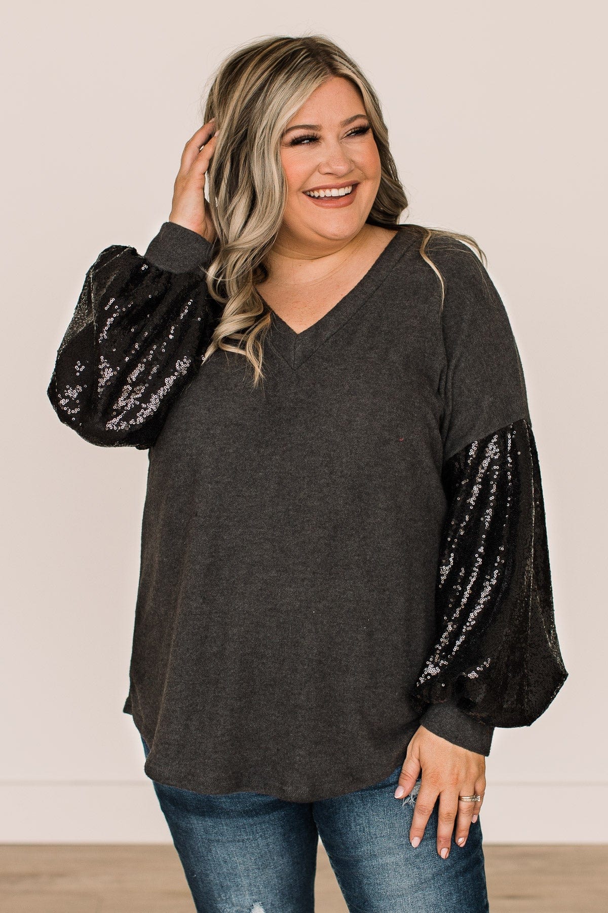 Moments Of Bliss Sequin Sleeve Top- Charcoal - Image 3