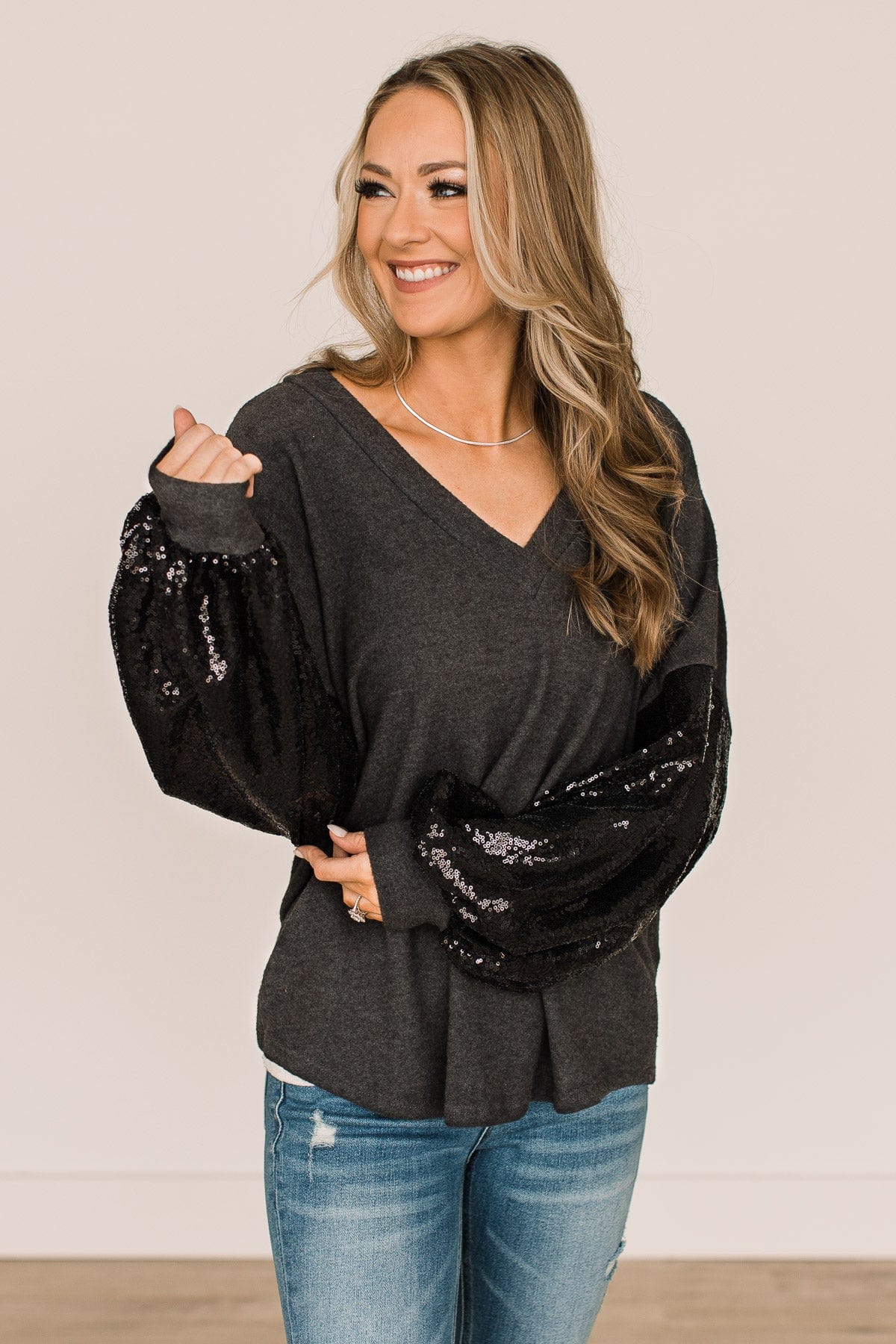 Moments Of Bliss Sequin Sleeve Top- Charcoal - Image 4