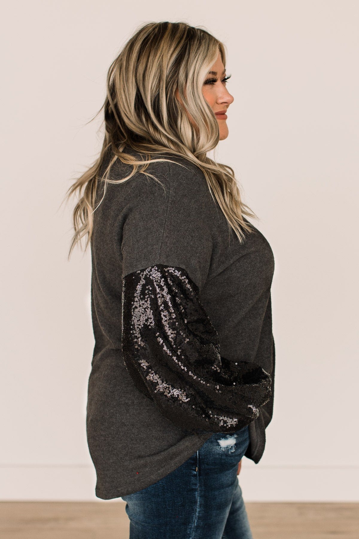 Moments Of Bliss Sequin Sleeve Top- Charcoal - Image 5