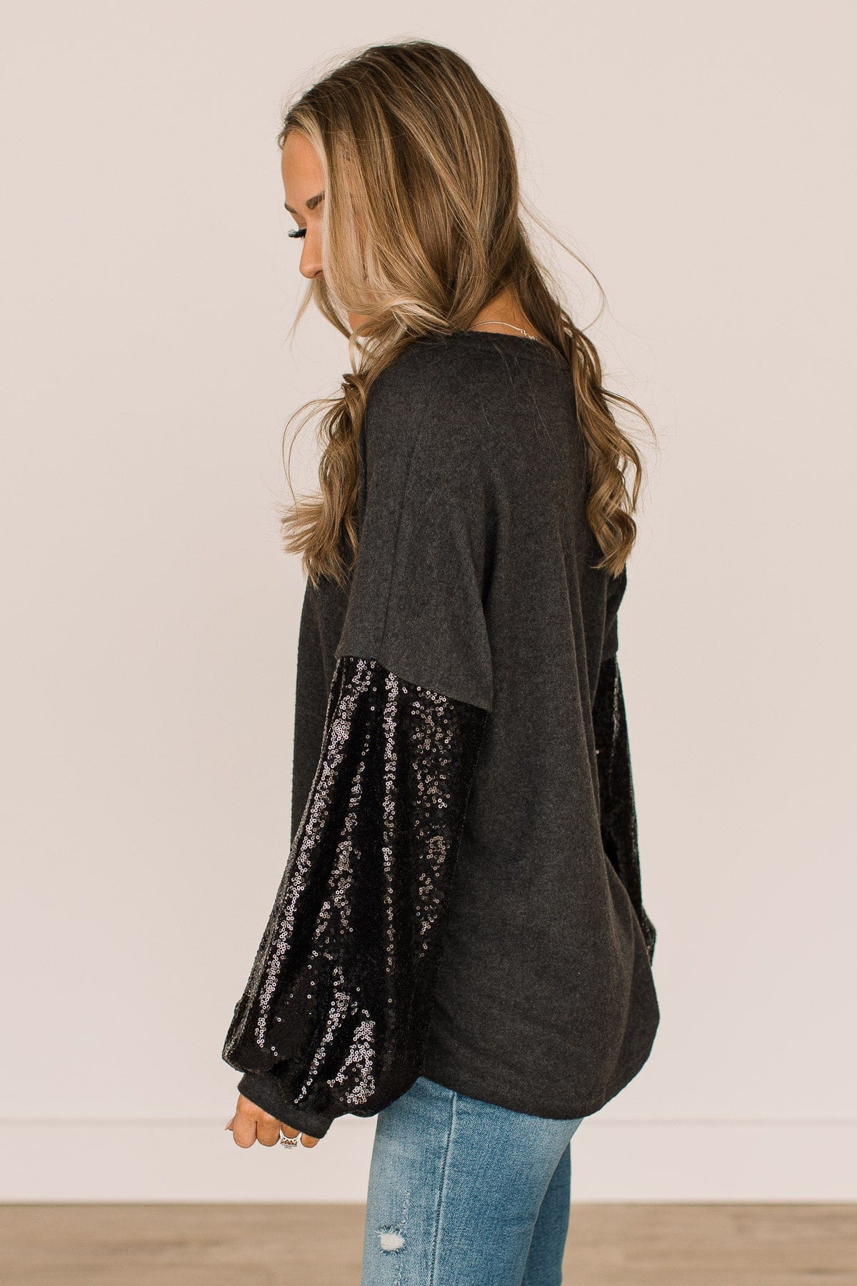 Moments Of Bliss Sequin Sleeve Top- Charcoal - Image 6