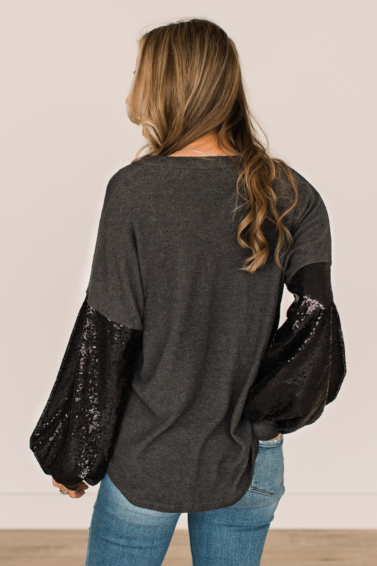 Moments Of Bliss Sequin Sleeve Top- Charcoal - Image 7