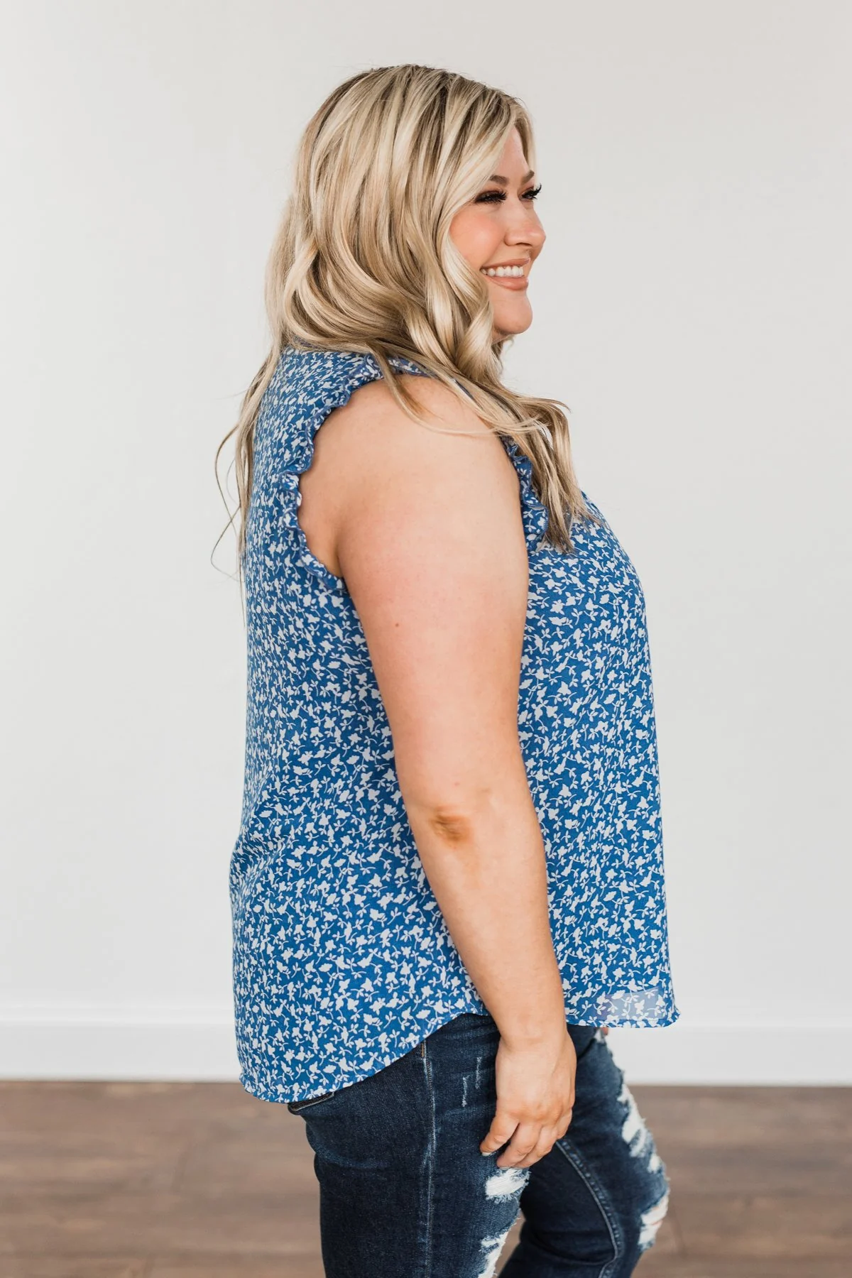 Moonlight Melodies Floral Sleeveless Blouse- Cobalt Blue - Image 7