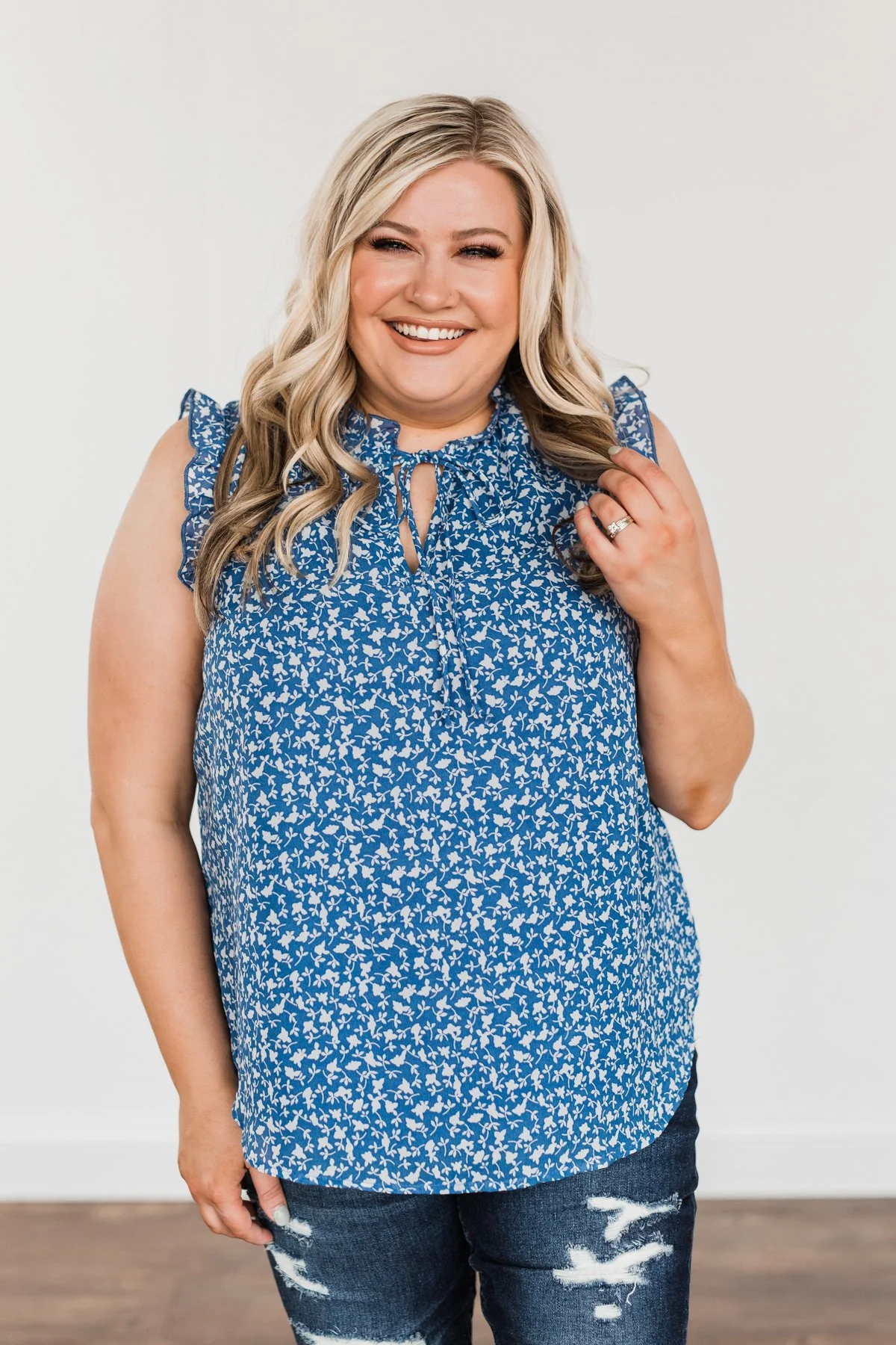 Moonlight Melodies Floral Sleeveless Blouse- Cobalt Blue - Image 9