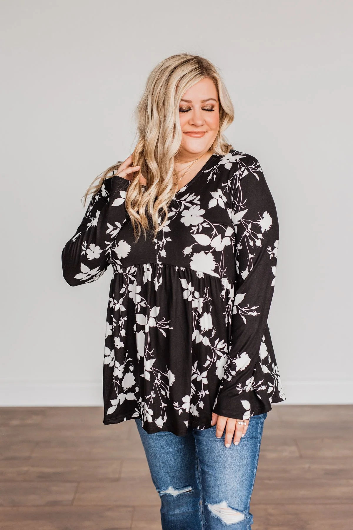 Moonlit Moments Floral Babydoll Top- Black - Image 5