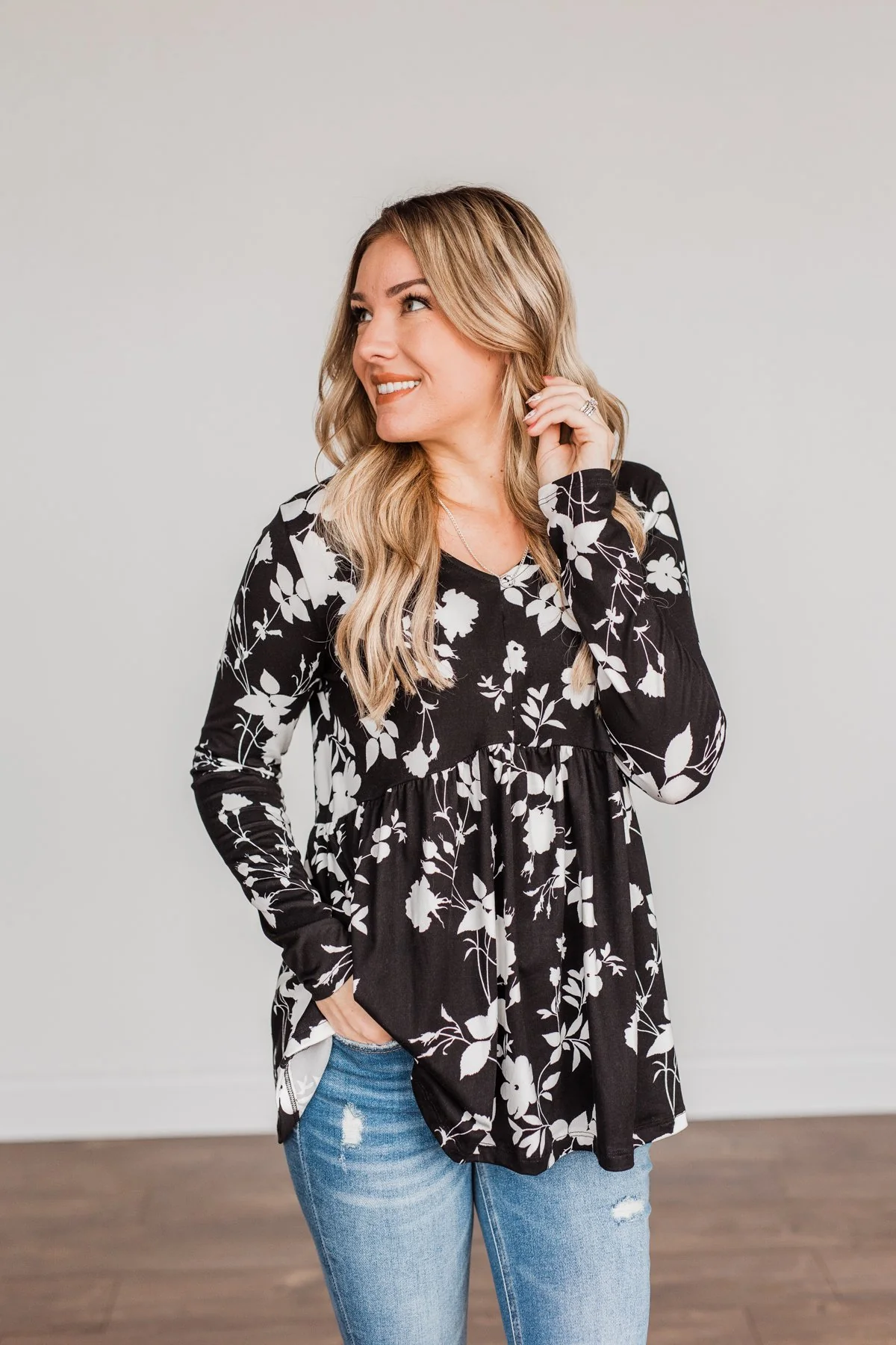 Moonlit Moments Floral Babydoll Top- Black - Image 7