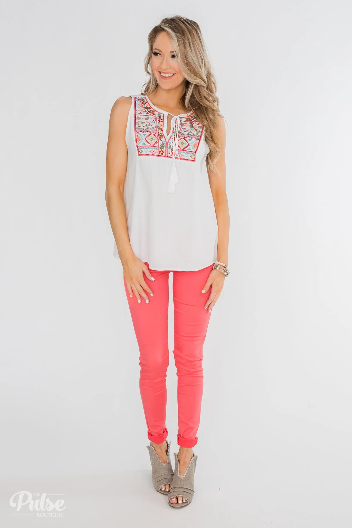 More Beautiful You Embroider Tank Top- White - Image 4