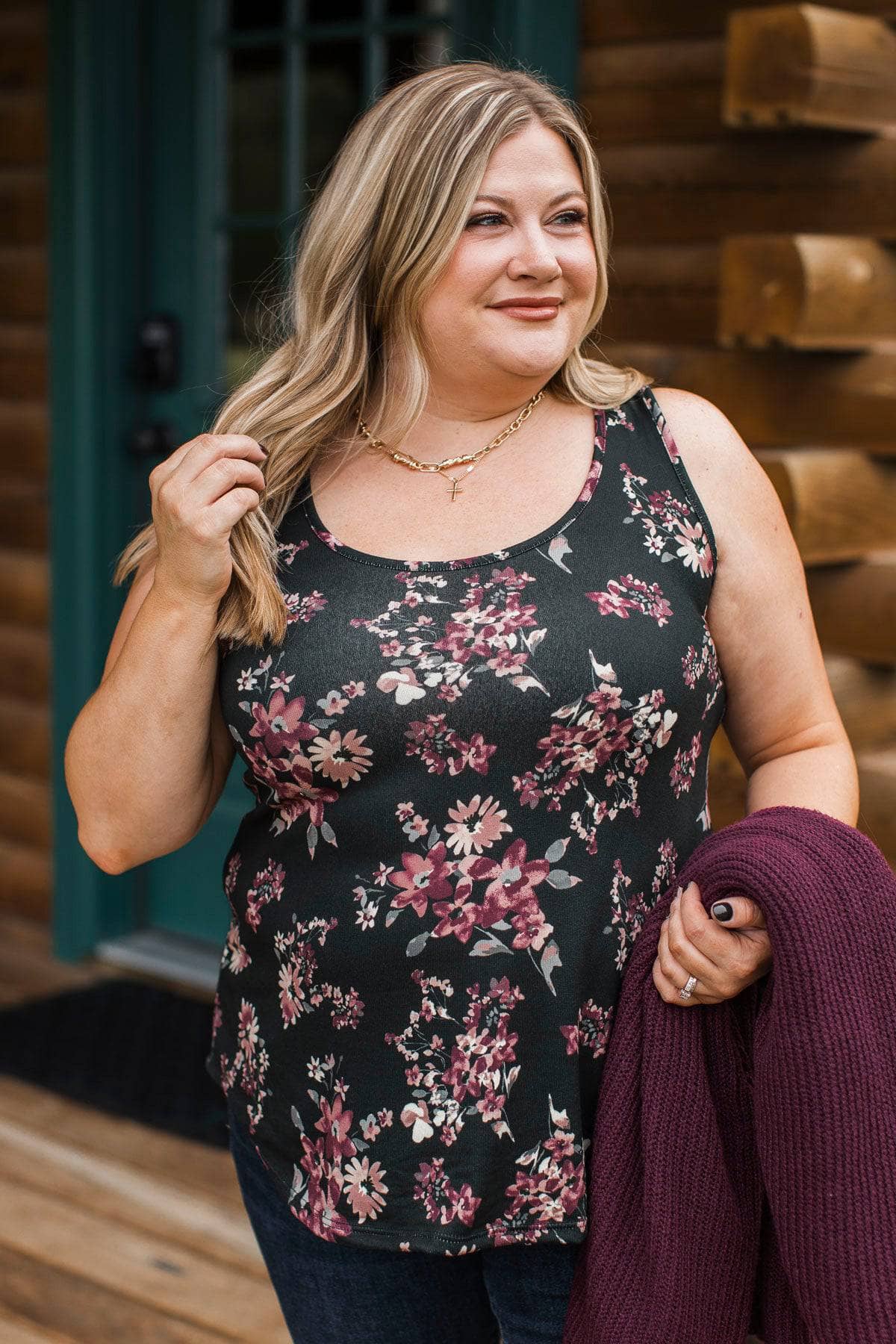 More For Me Floral Tank Top- Black