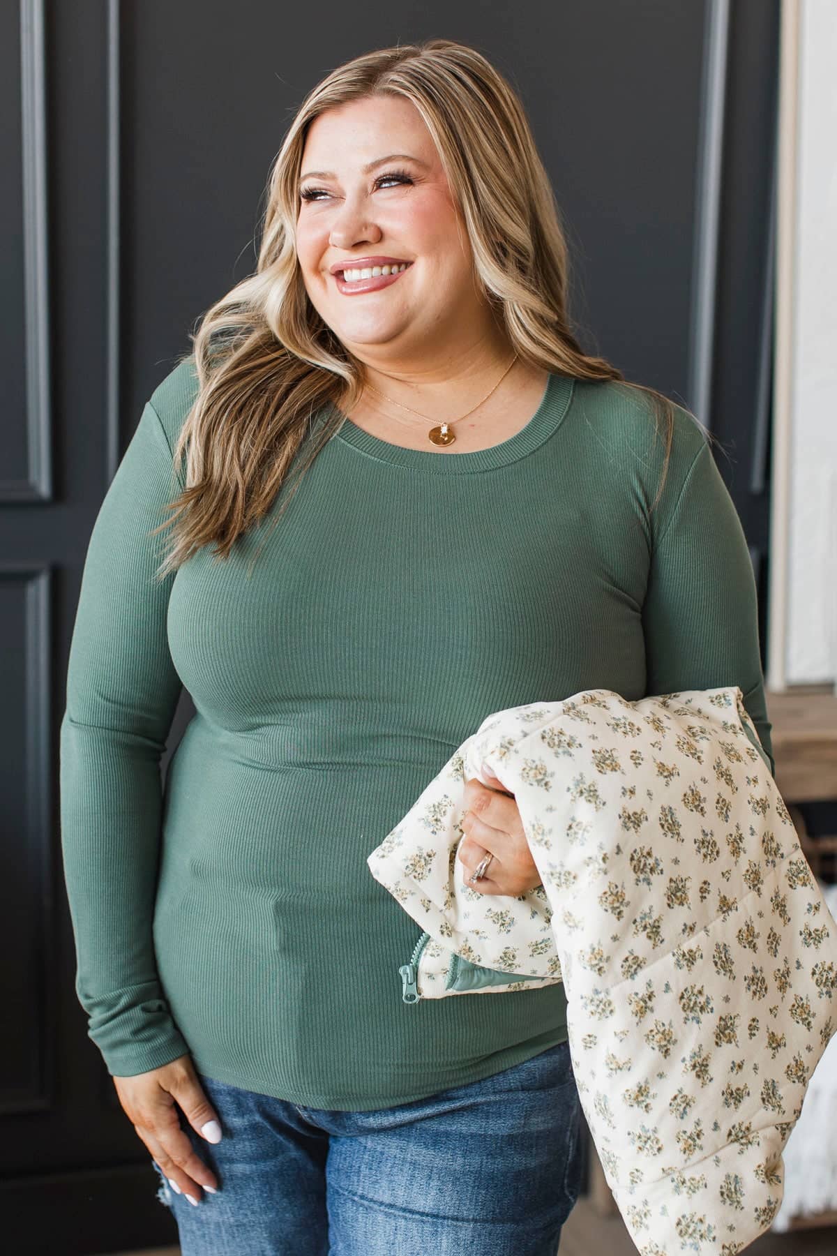 More Please Long Sleeve Ribbed Top- Dark Eucalyptus - Image 3