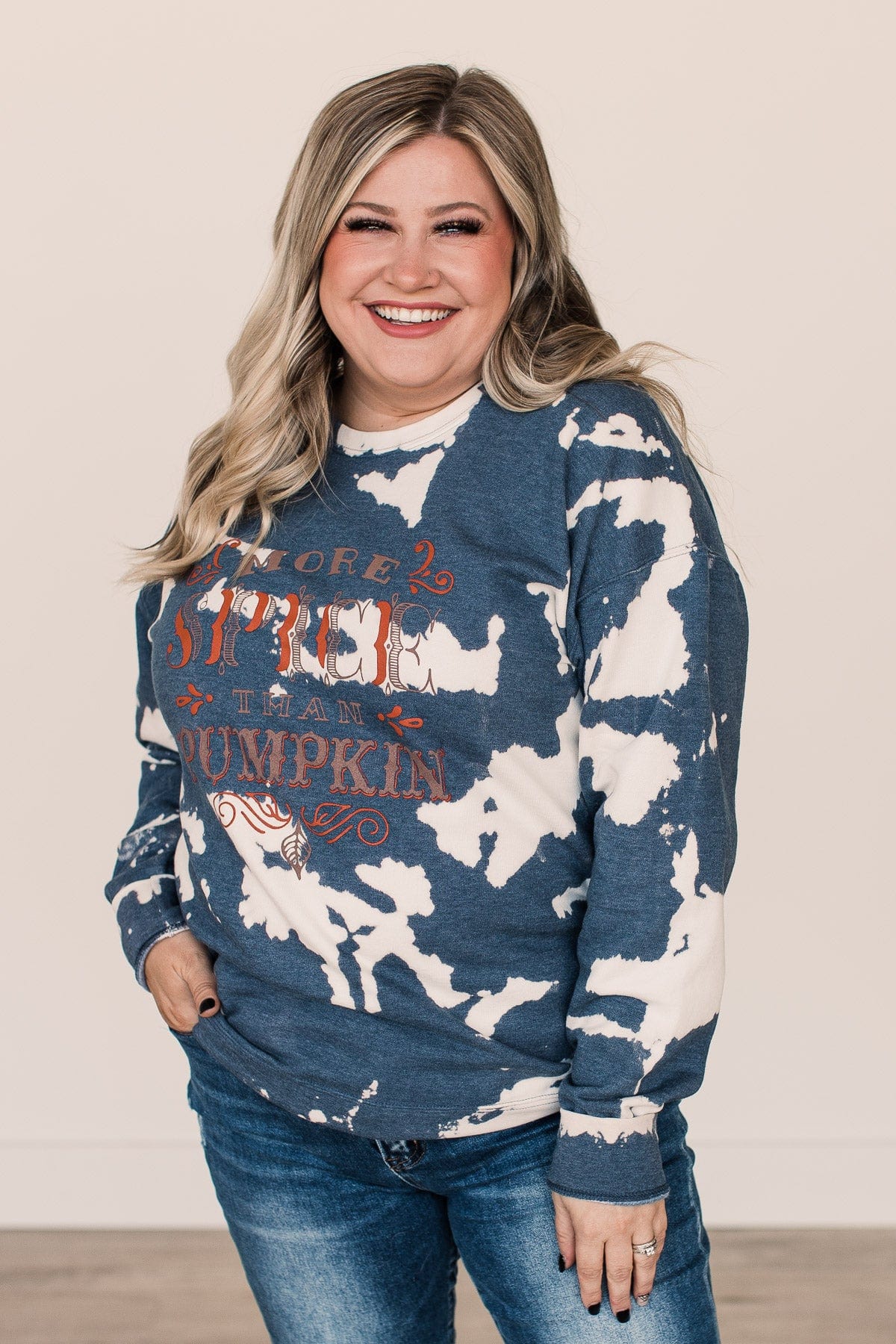 "More Spice Than Pumpkin" Bleached Crew Neck- Navy - Image 4