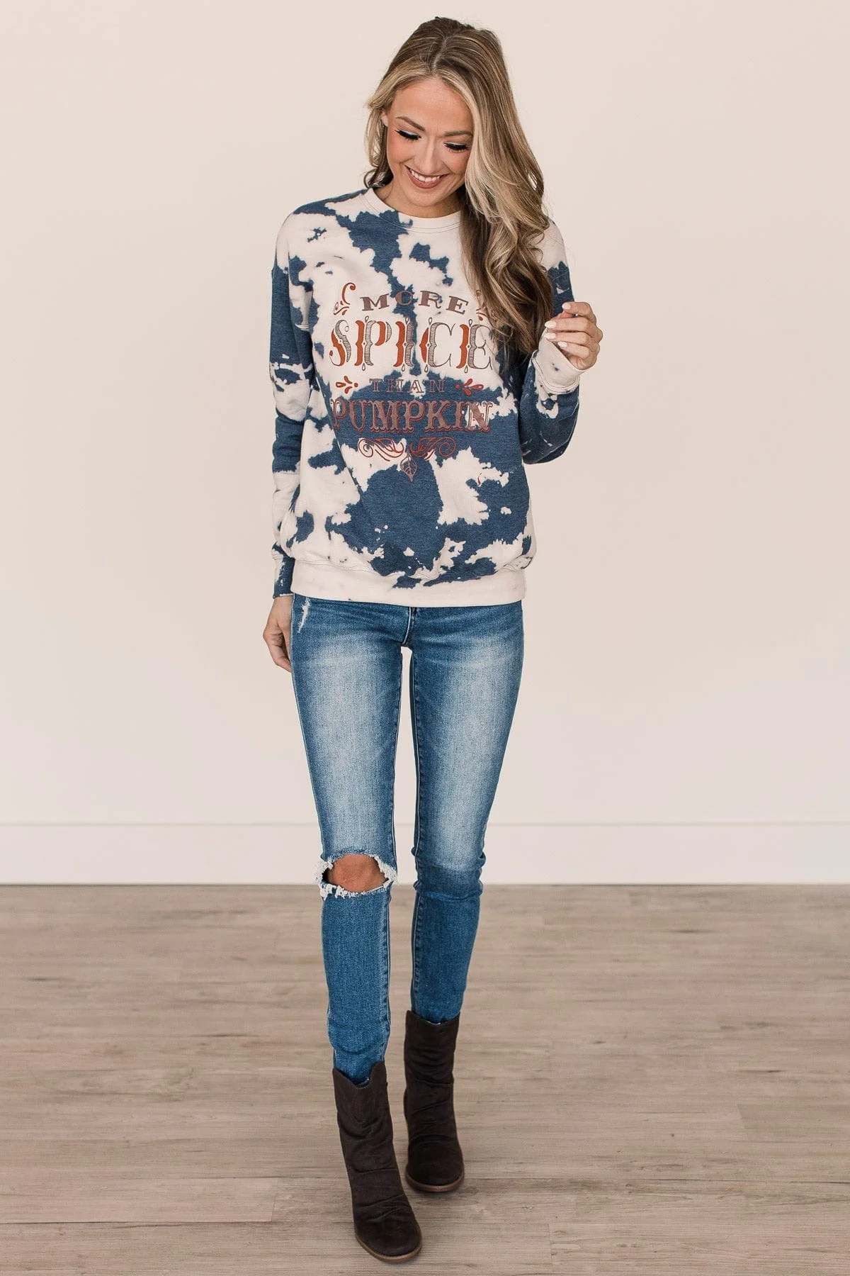 "More Spice Than Pumpkin" Bleached Crew Neck- Navy - Image 5