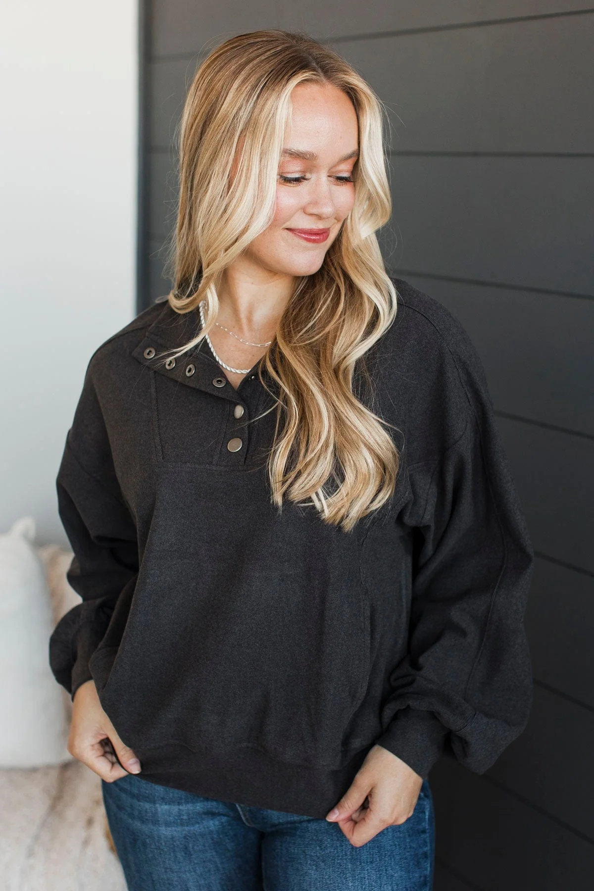 More Than Possible Quarter Button Pullover- Dark Charcoal - Image 2