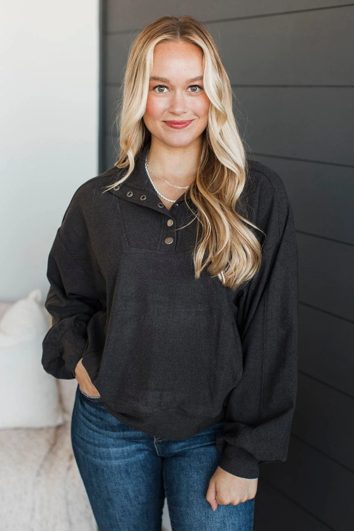 More Than Possible Quarter Button Pullover- Dark Charcoal - Image 4