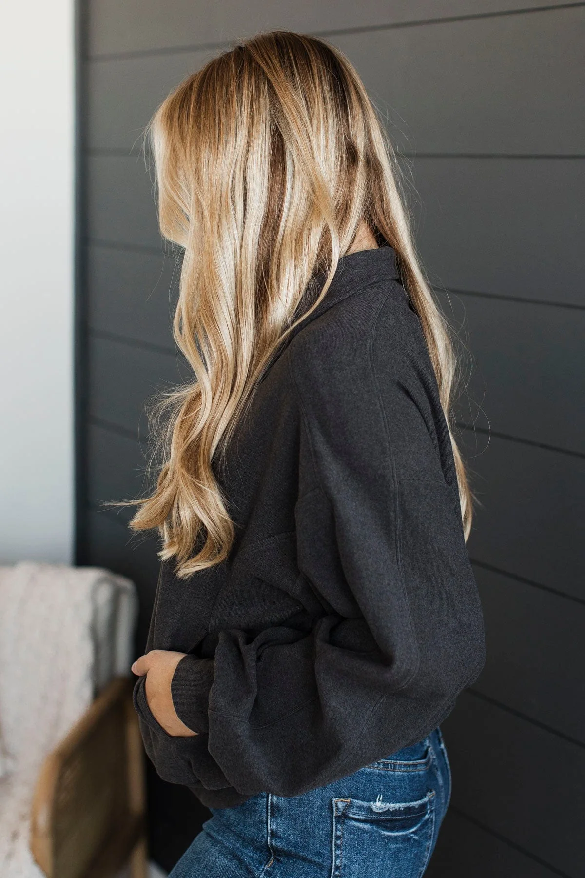 More Than Possible Quarter Button Pullover- Dark Charcoal - Image 6