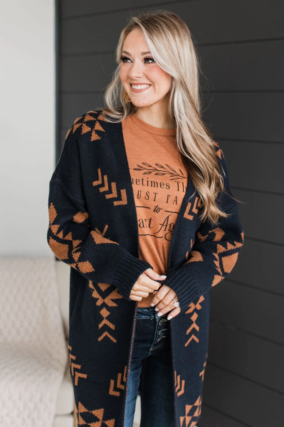 More Than Style Aztec Knit Cardigan- Navy - Image 2