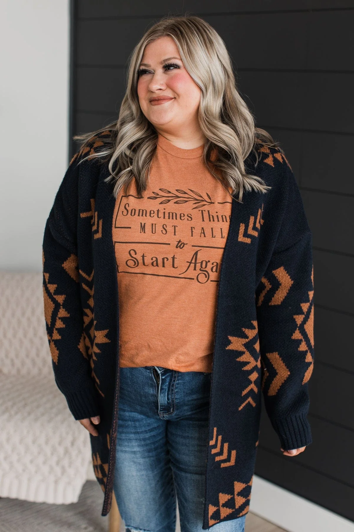 More Than Style Aztec Knit Cardigan- Navy - Image 3
