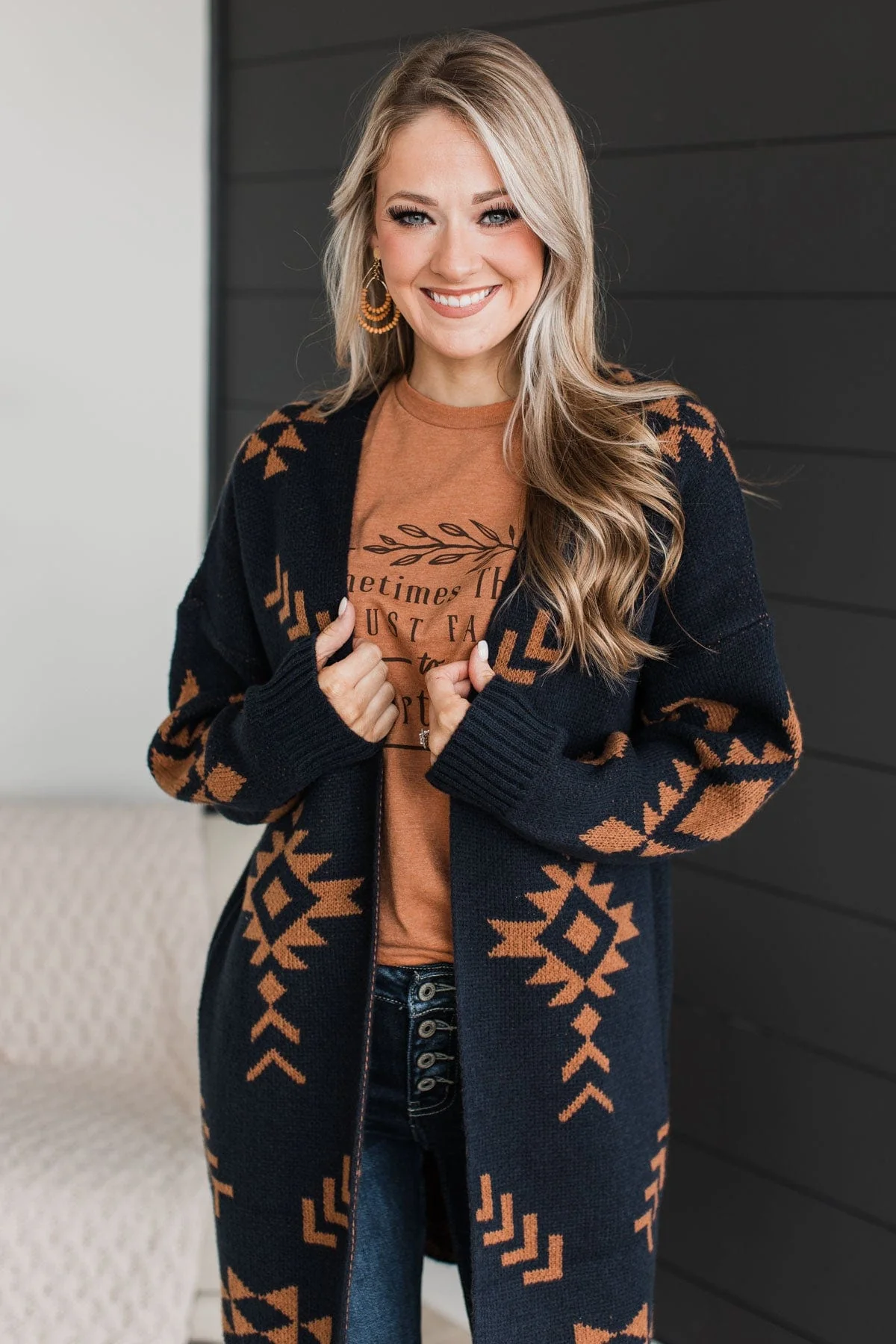 More Than Style Aztec Knit Cardigan- Navy - Image 4