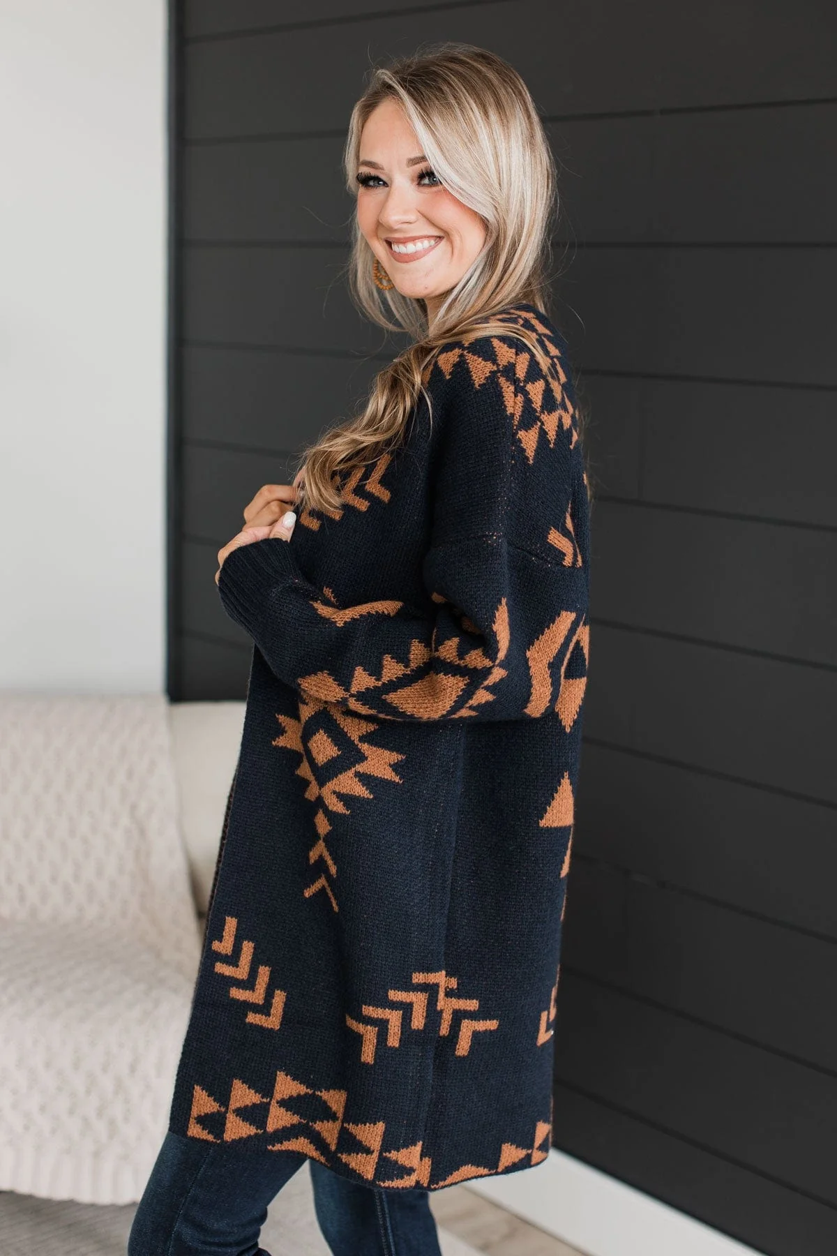 More Than Style Aztec Knit Cardigan- Navy - Image 6