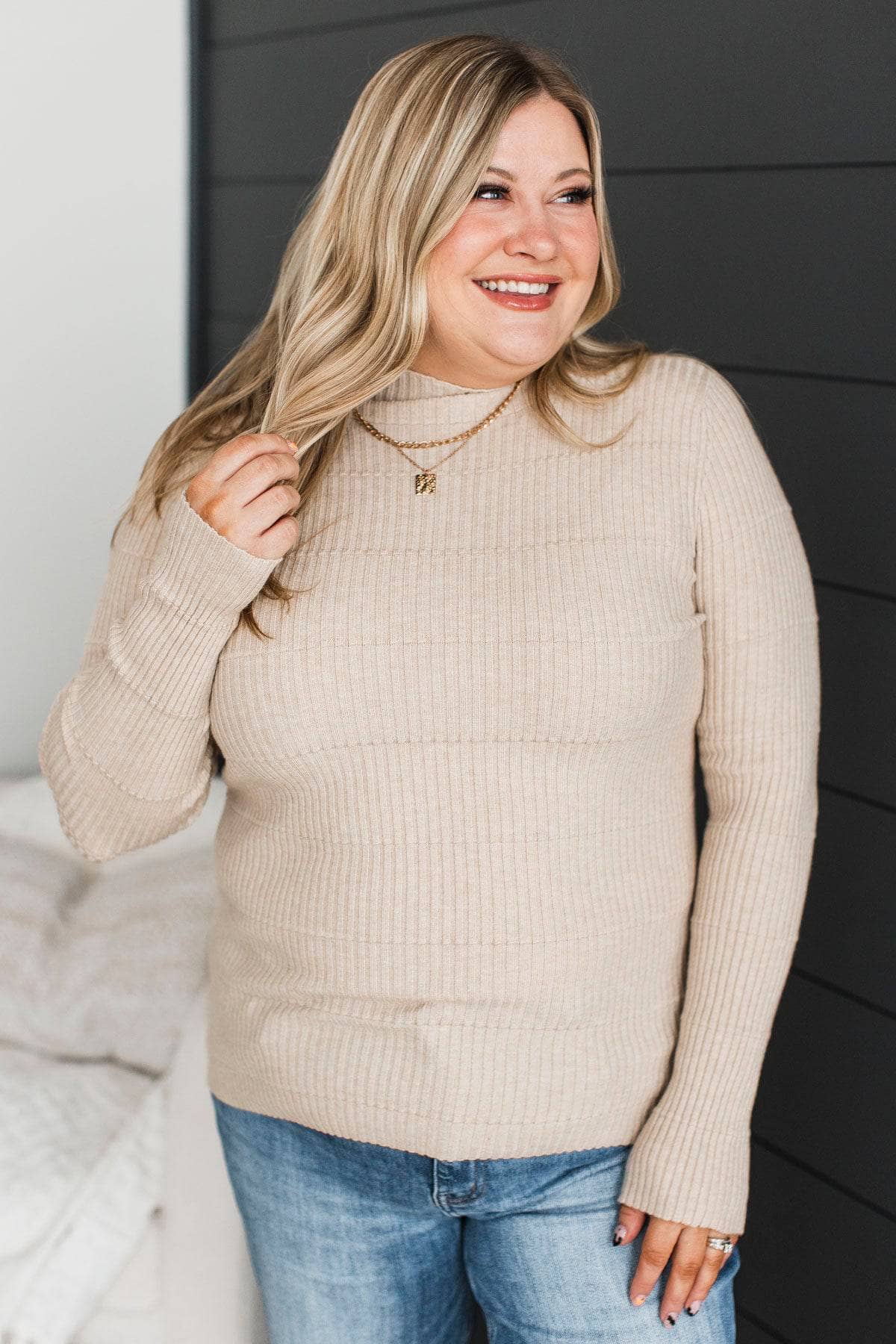 More To Discover Mock Neck Ribbed Sweater- Almond - Image 2