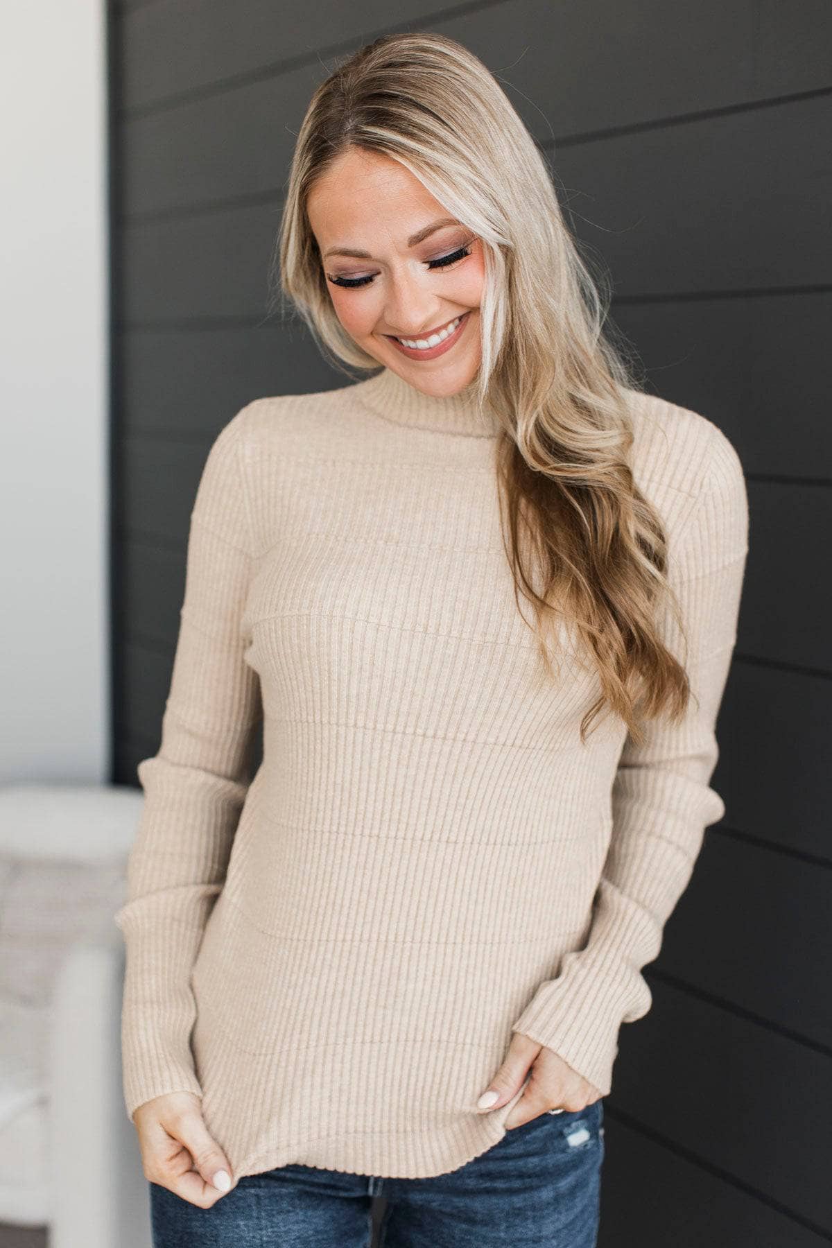 More To Discover Mock Neck Ribbed Sweater- Almond - Image 4