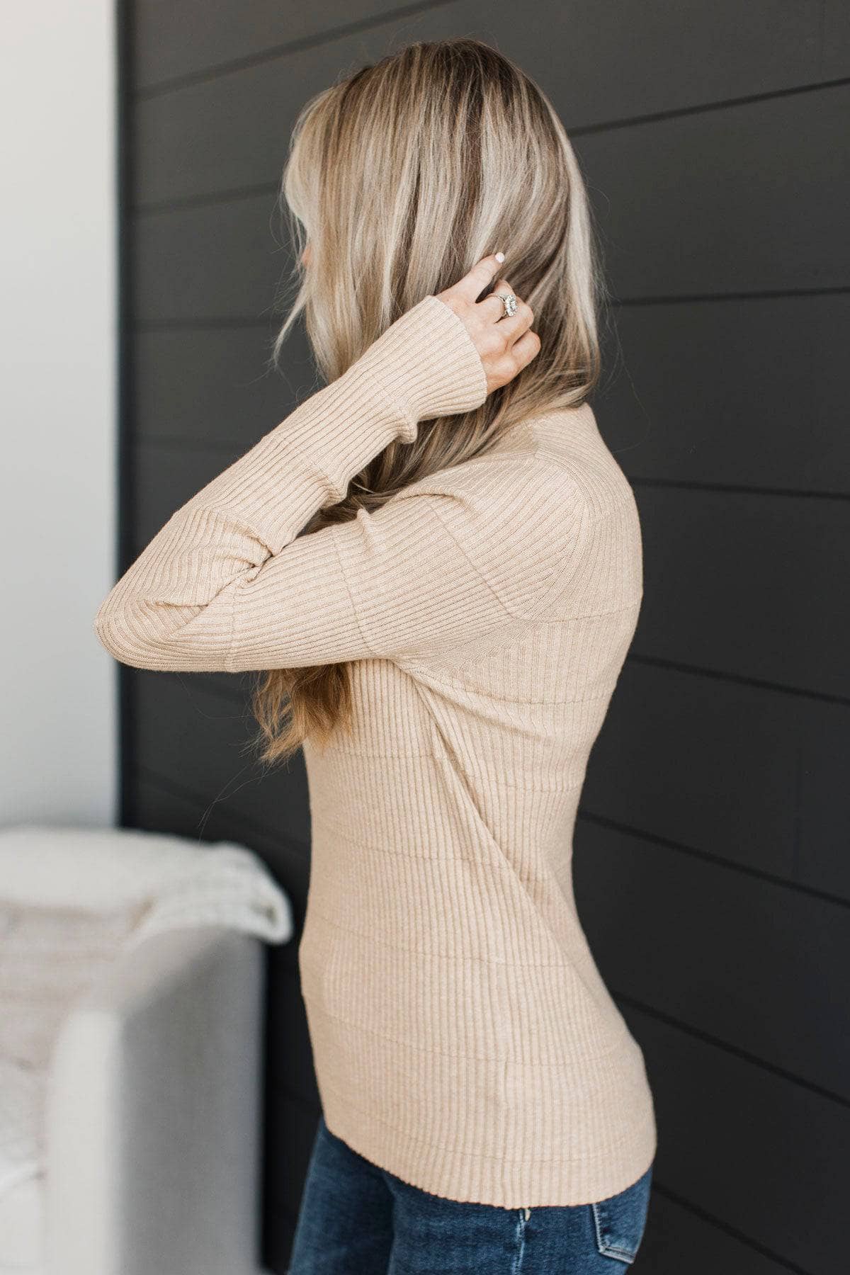 More To Discover Mock Neck Ribbed Sweater- Almond - Image 6