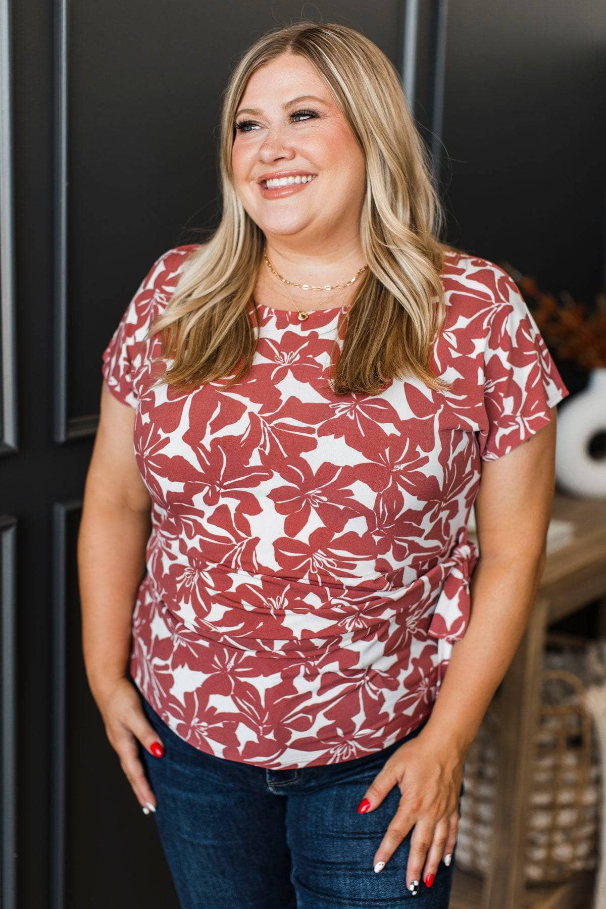 More To Know Floral Side Tie Top- Rust & Cream - Image 3