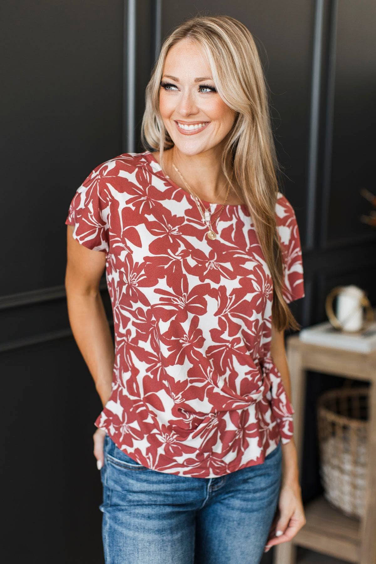 More To Know Floral Side Tie Top- Rust & Cream - Image 4