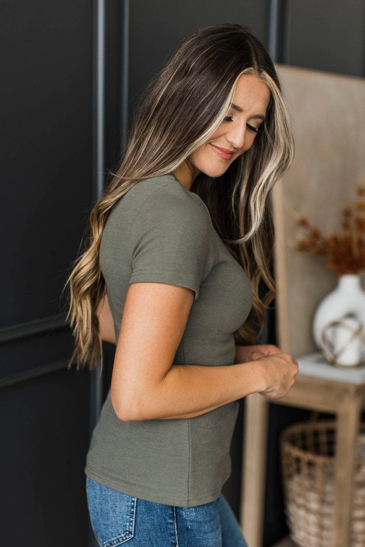 More To Love Short Sleeve Ribbed Top- Pewter Green - Image 6