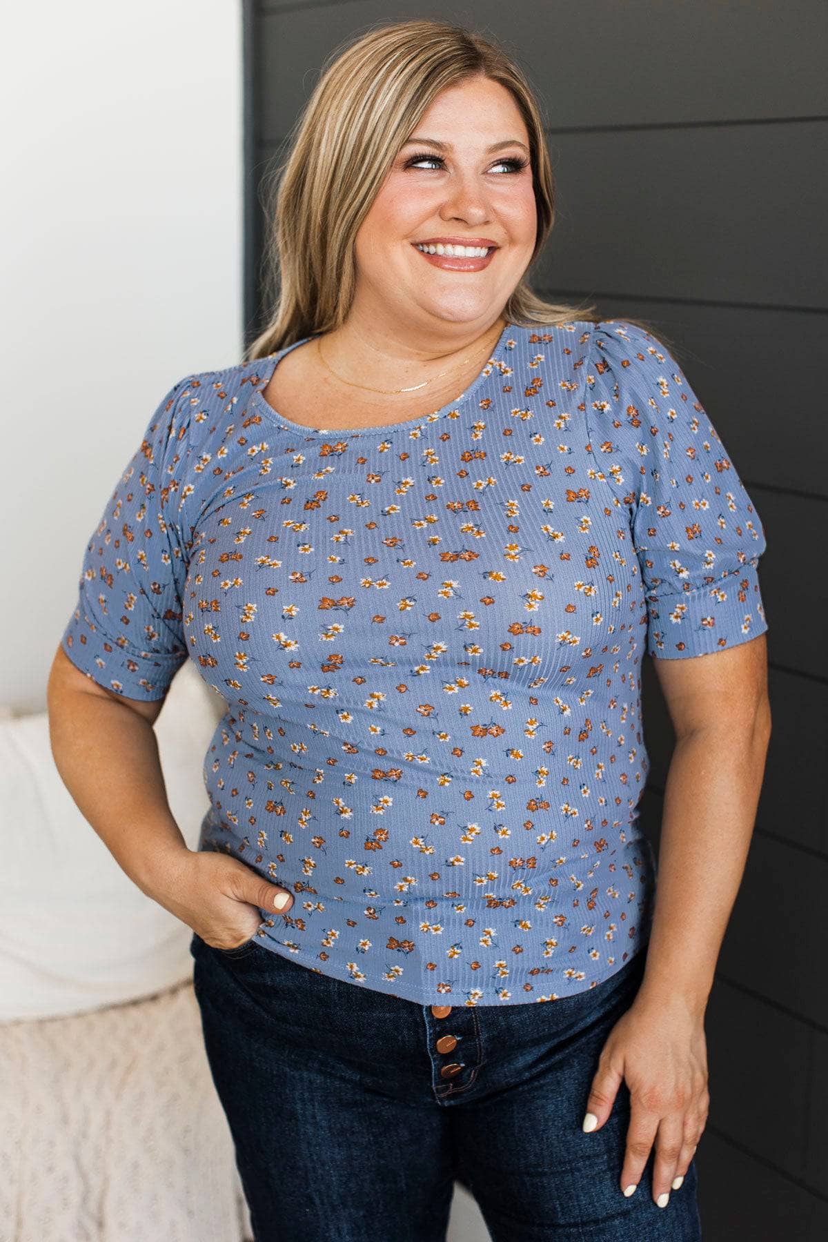 Morning Dew Puff Sleeve Floral Top- Denim Blue - Image 3