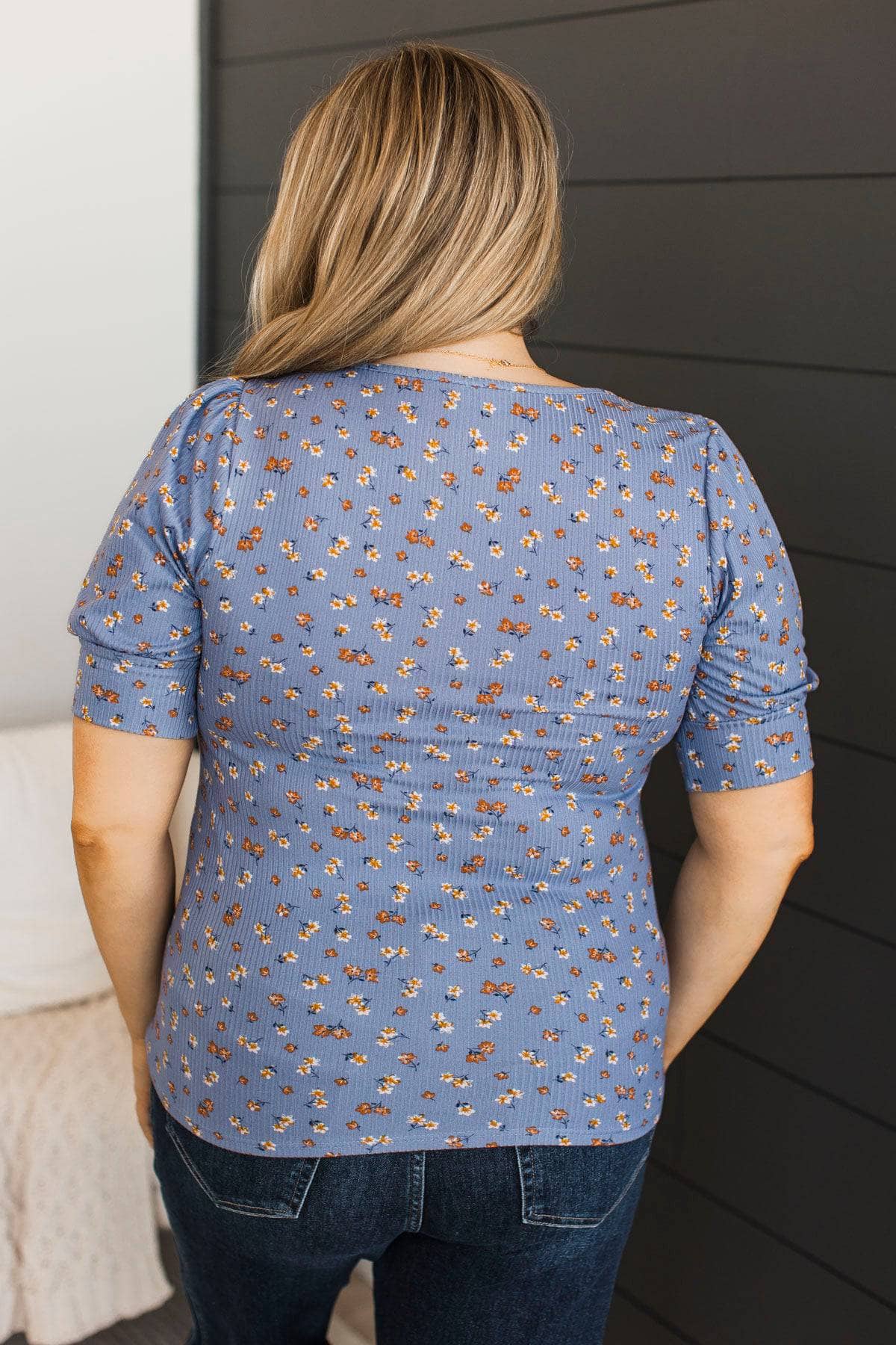 Morning Dew Puff Sleeve Floral Top- Denim Blue - Image 7