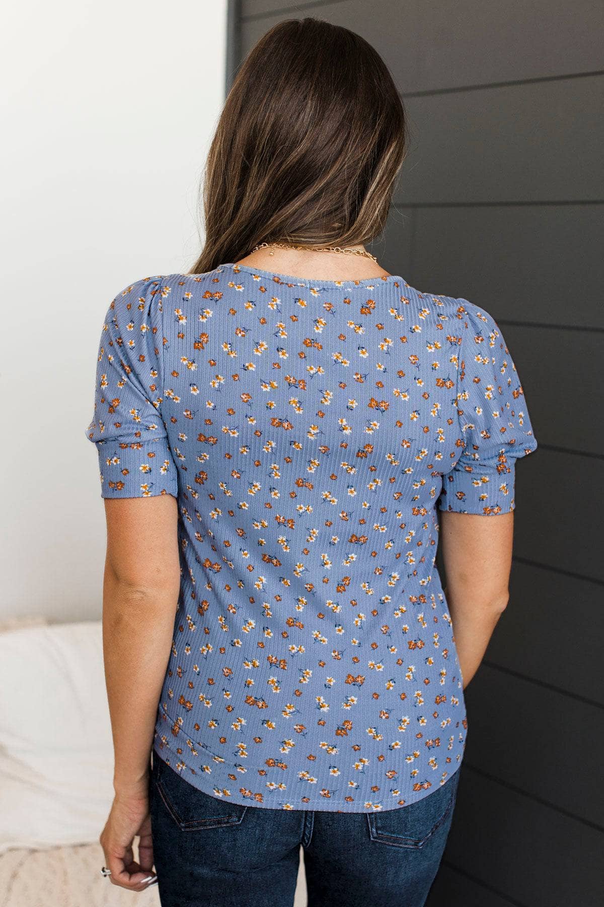 Morning Dew Puff Sleeve Floral Top- Denim Blue - Image 8