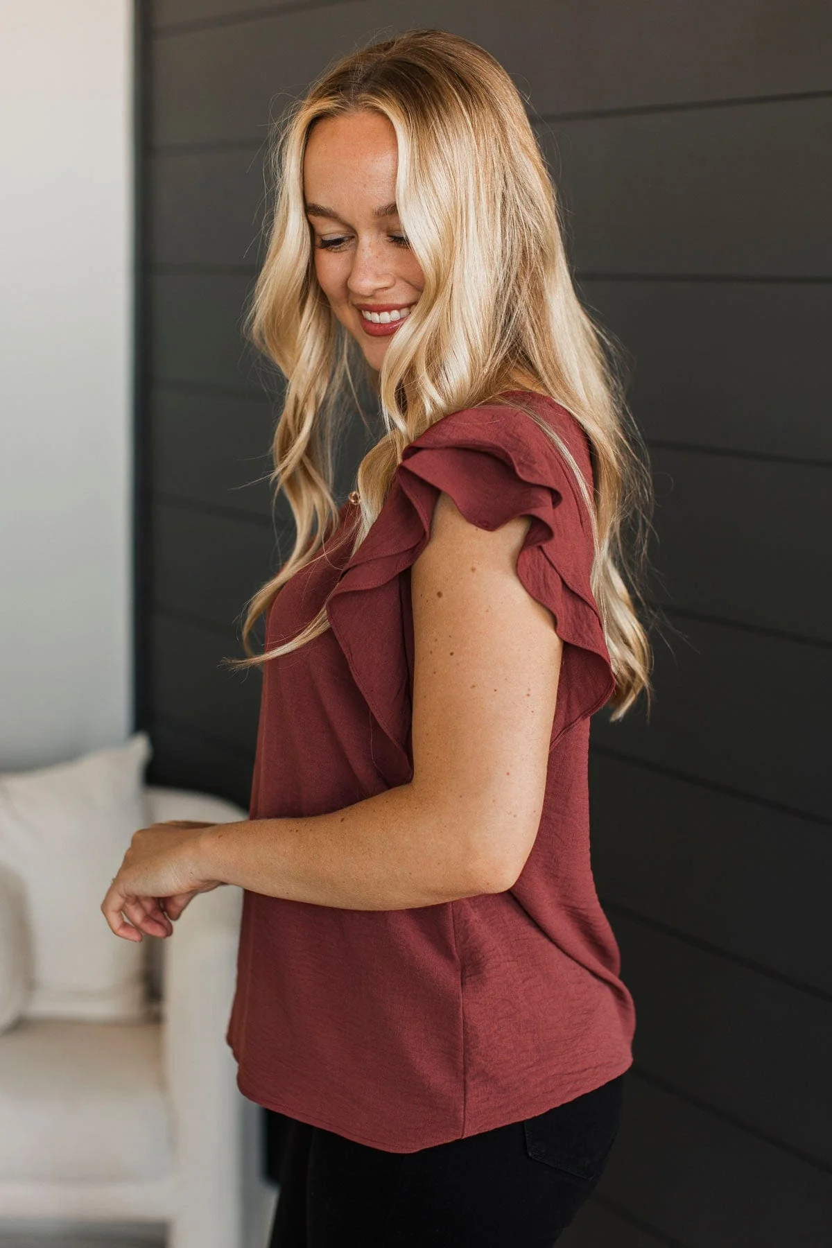 Mostly Memories Ruffle Blouse- Red Brown - Image 5