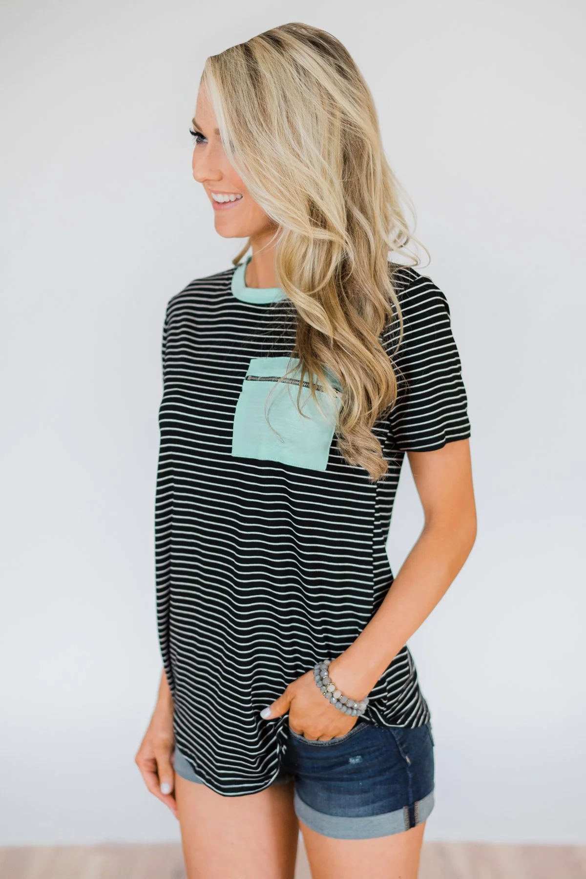 Move to the Beat Striped Pocket Top- Mint - Image 6