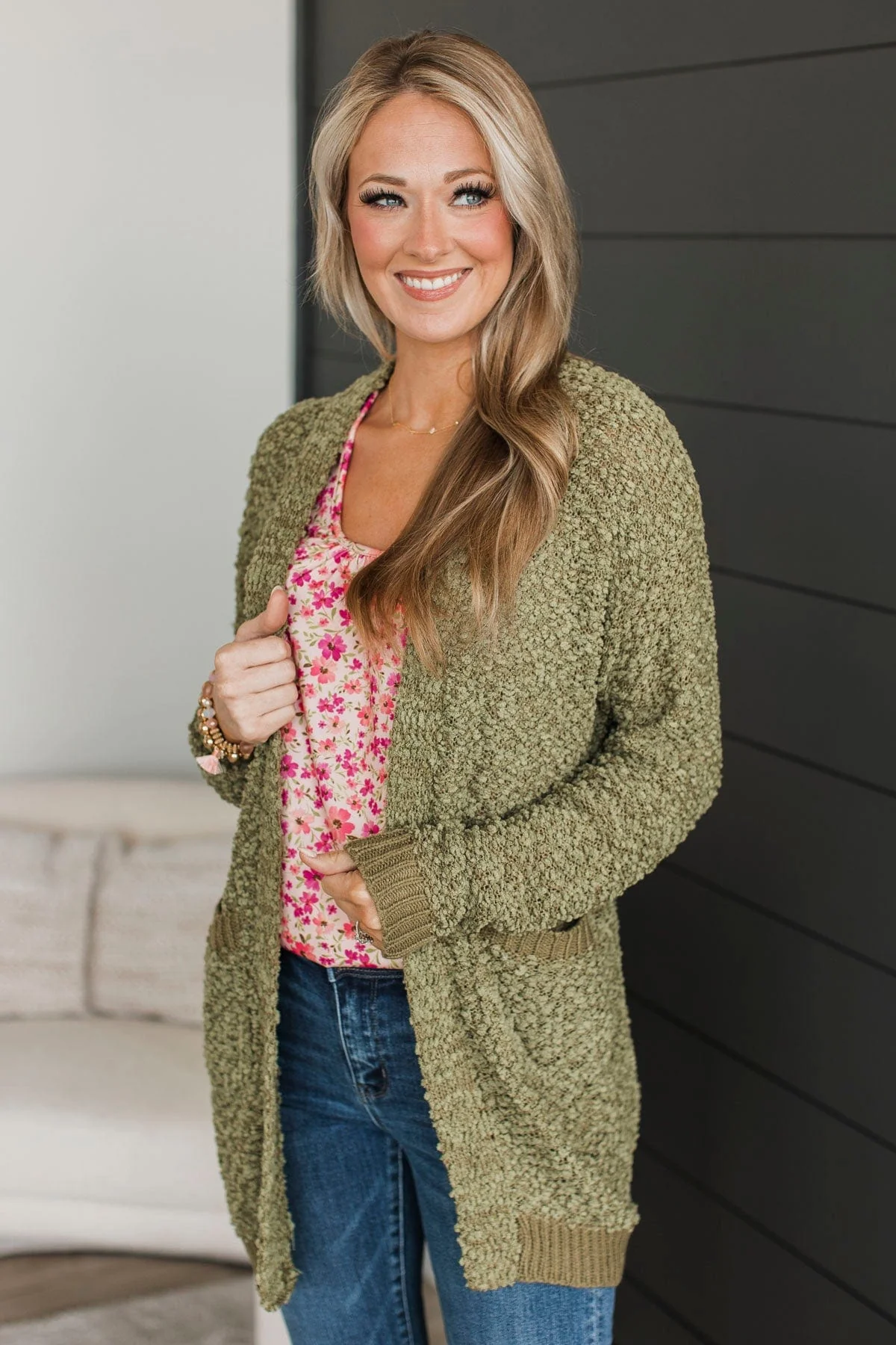 Movie Date Popcorn Knit Cardigan- Army Green