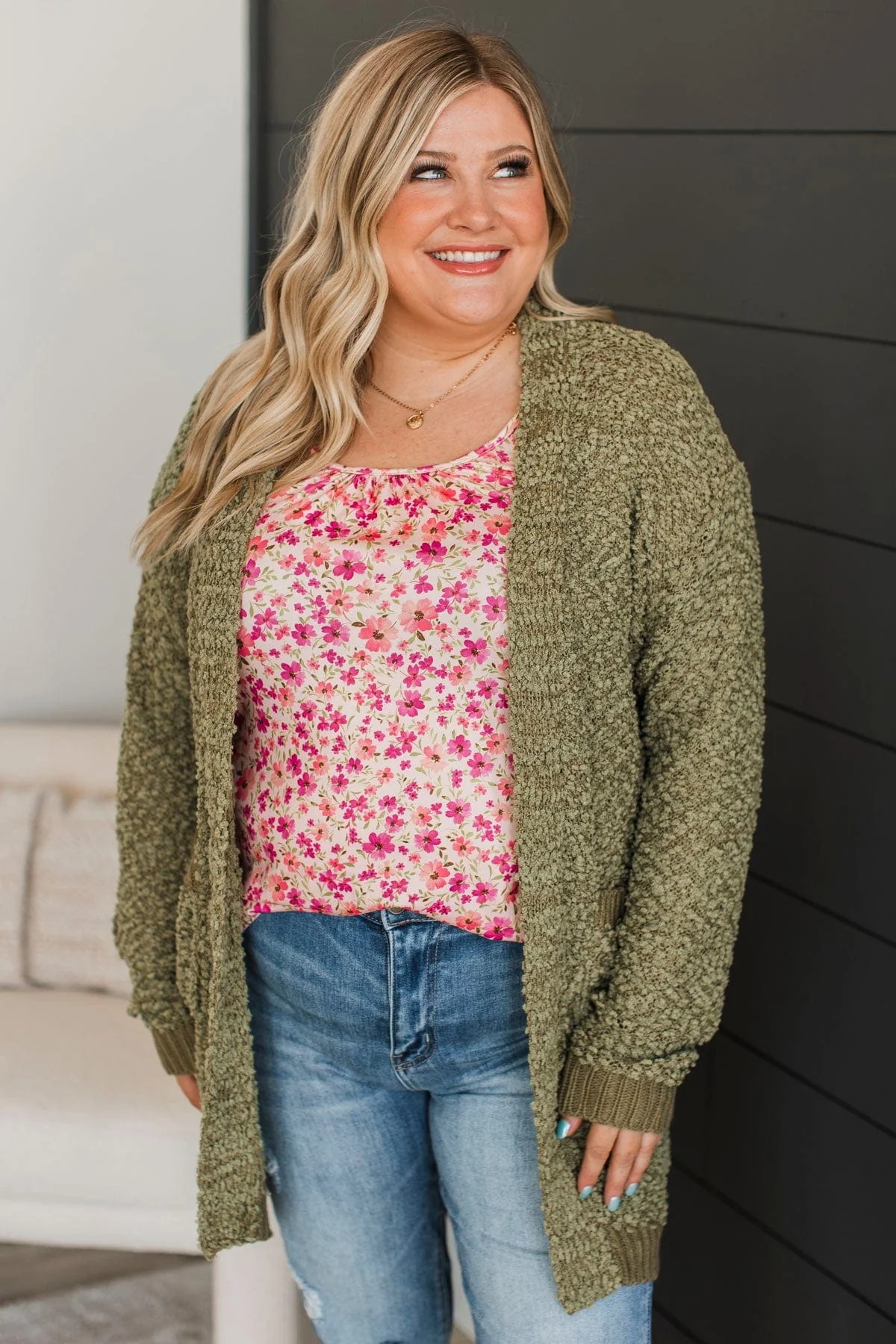 Movie Date Popcorn Knit Cardigan- Army Green - Image 2
