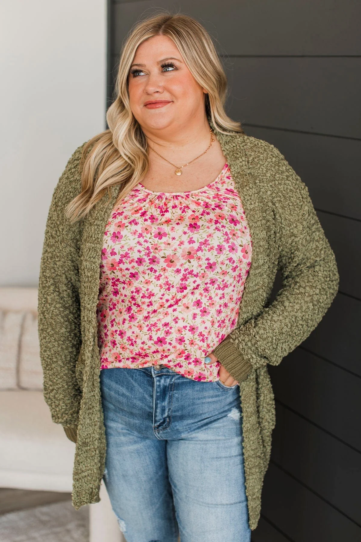 Movie Date Popcorn Knit Cardigan- Army Green - Image 4