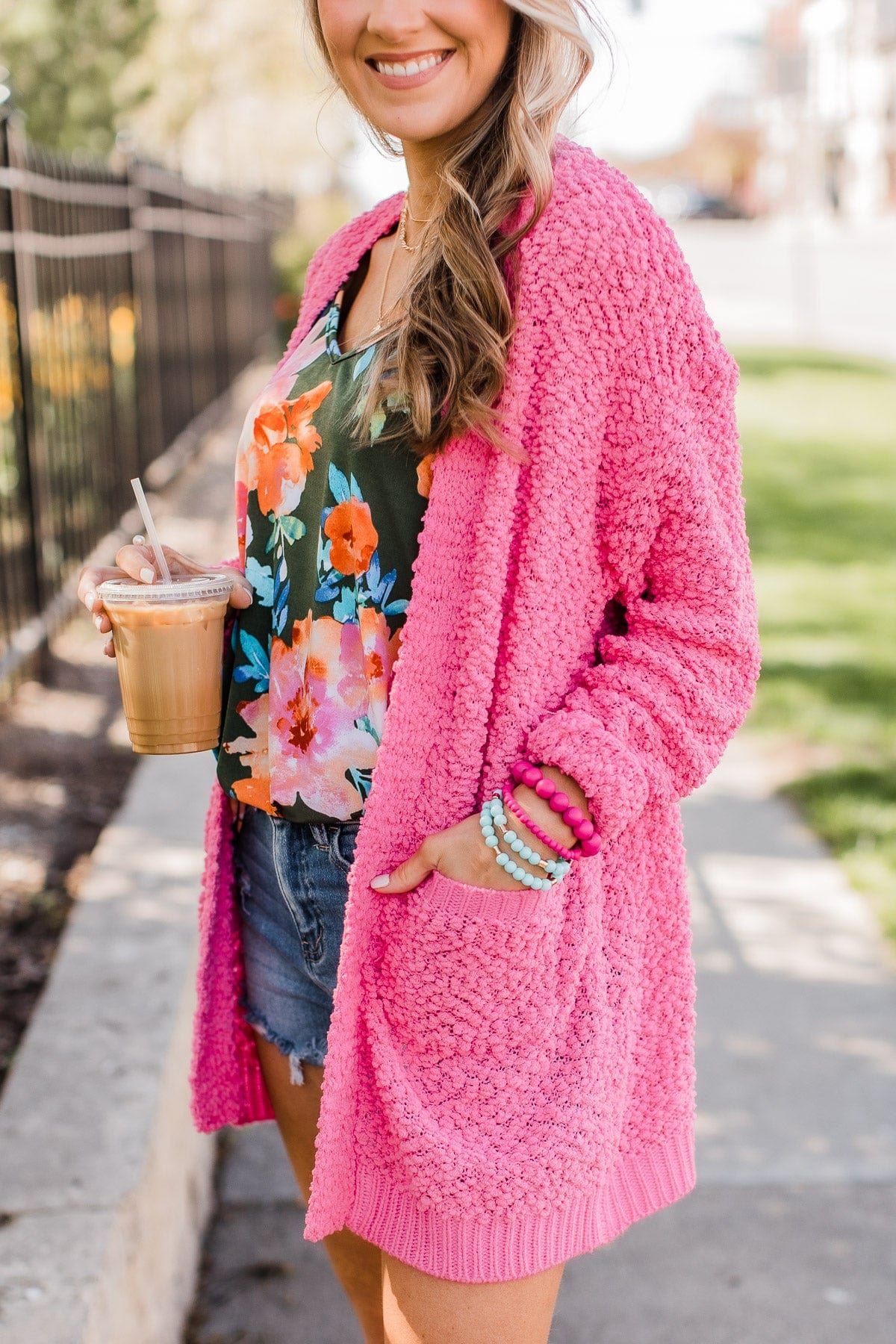 Movie Date Popcorn Knit Cardigan- Bright Pink - Image 6