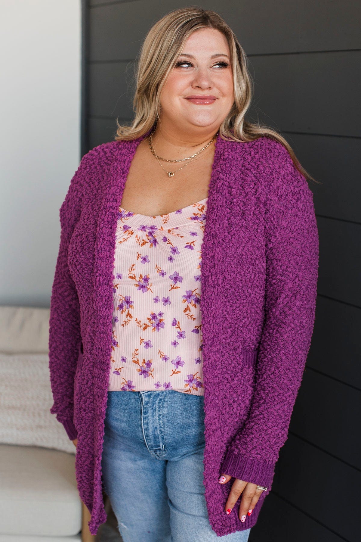 Movie Date Popcorn Knit Cardigan- Deep Orchid - Image 2