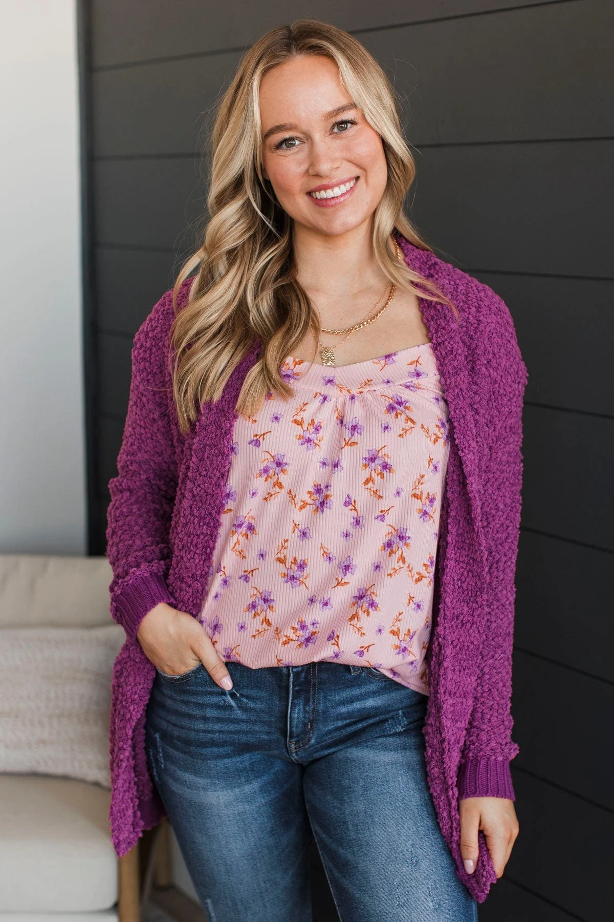 Movie Date Popcorn Knit Cardigan- Deep Orchid - Image 3