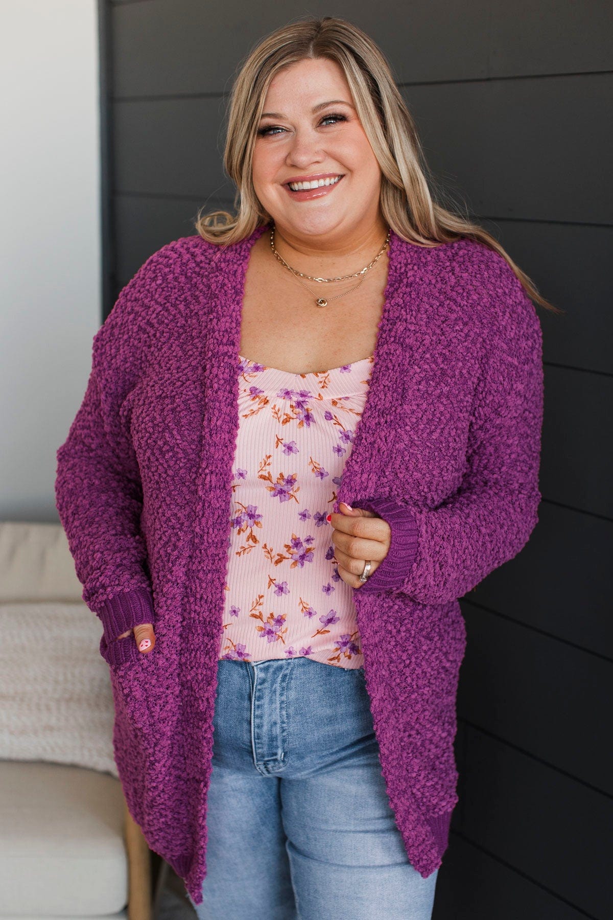 Movie Date Popcorn Knit Cardigan- Deep Orchid - Image 4