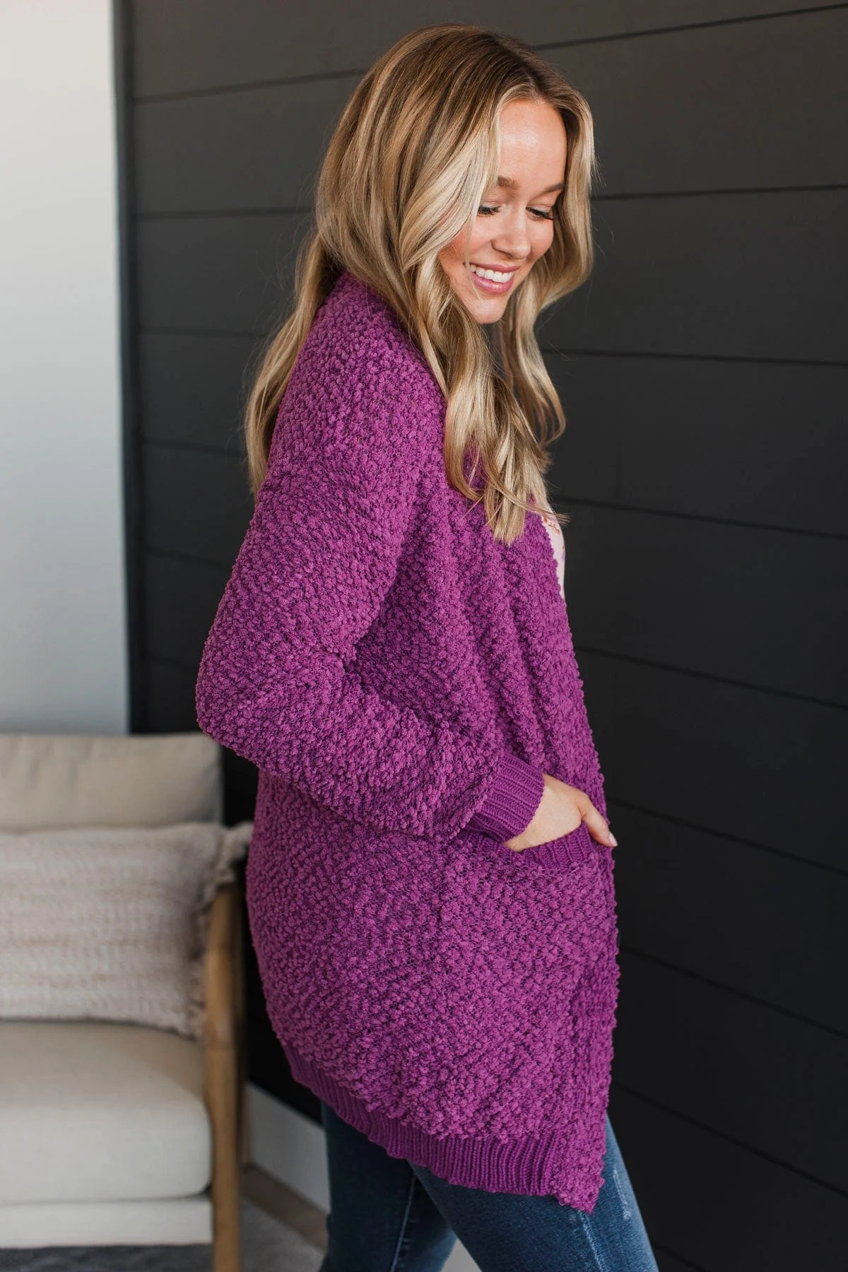 Movie Date Popcorn Knit Cardigan- Deep Orchid - Image 5