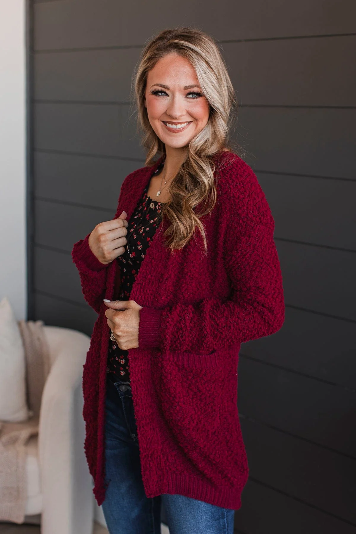 Movie Date Popcorn Knit Cardigan- Deep Red