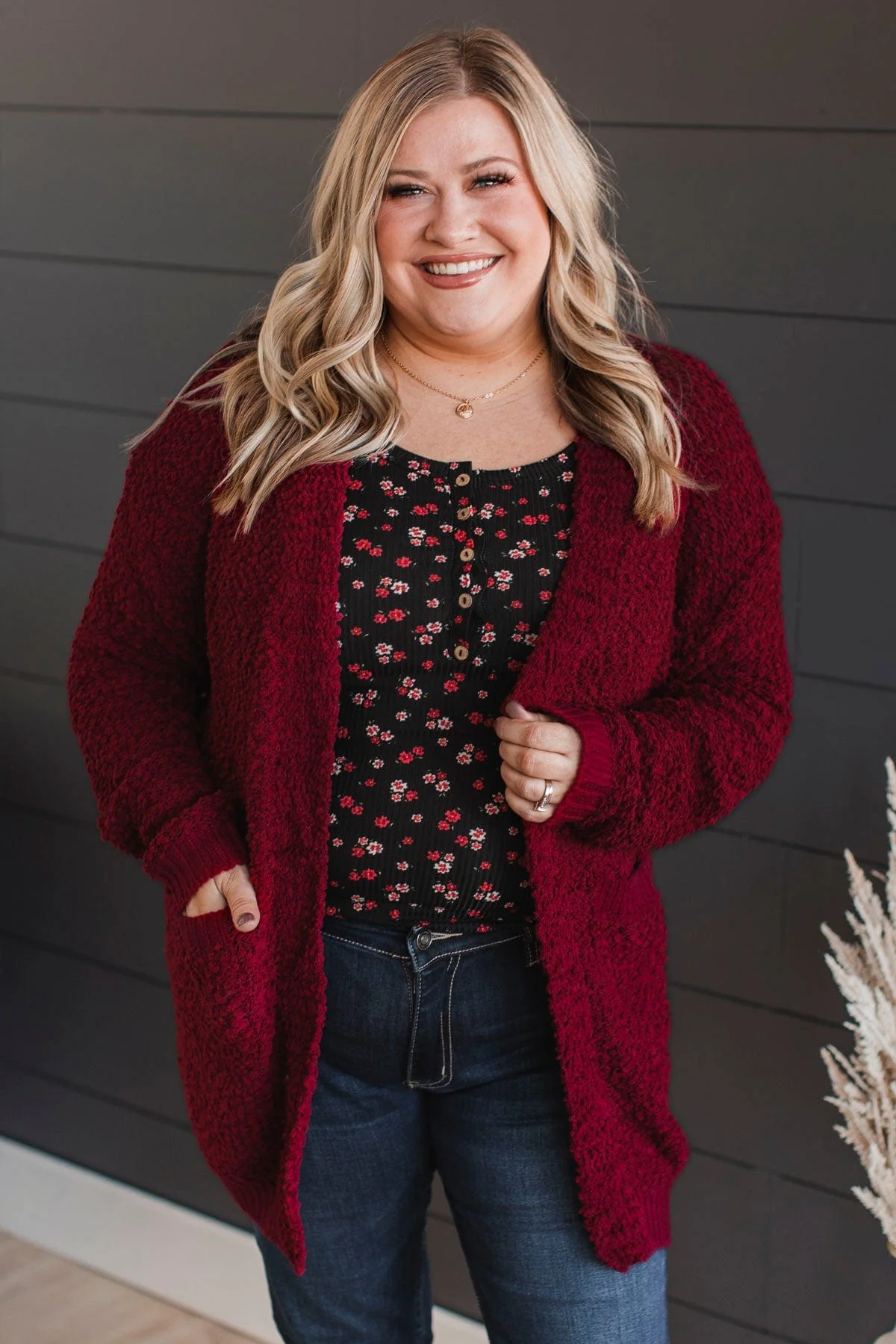 Movie Date Popcorn Knit Cardigan- Deep Red - Image 2