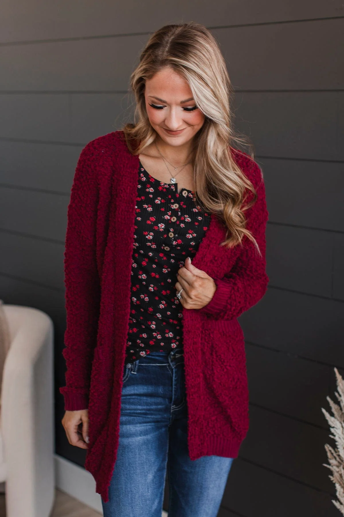 Movie Date Popcorn Knit Cardigan- Deep Red - Image 3