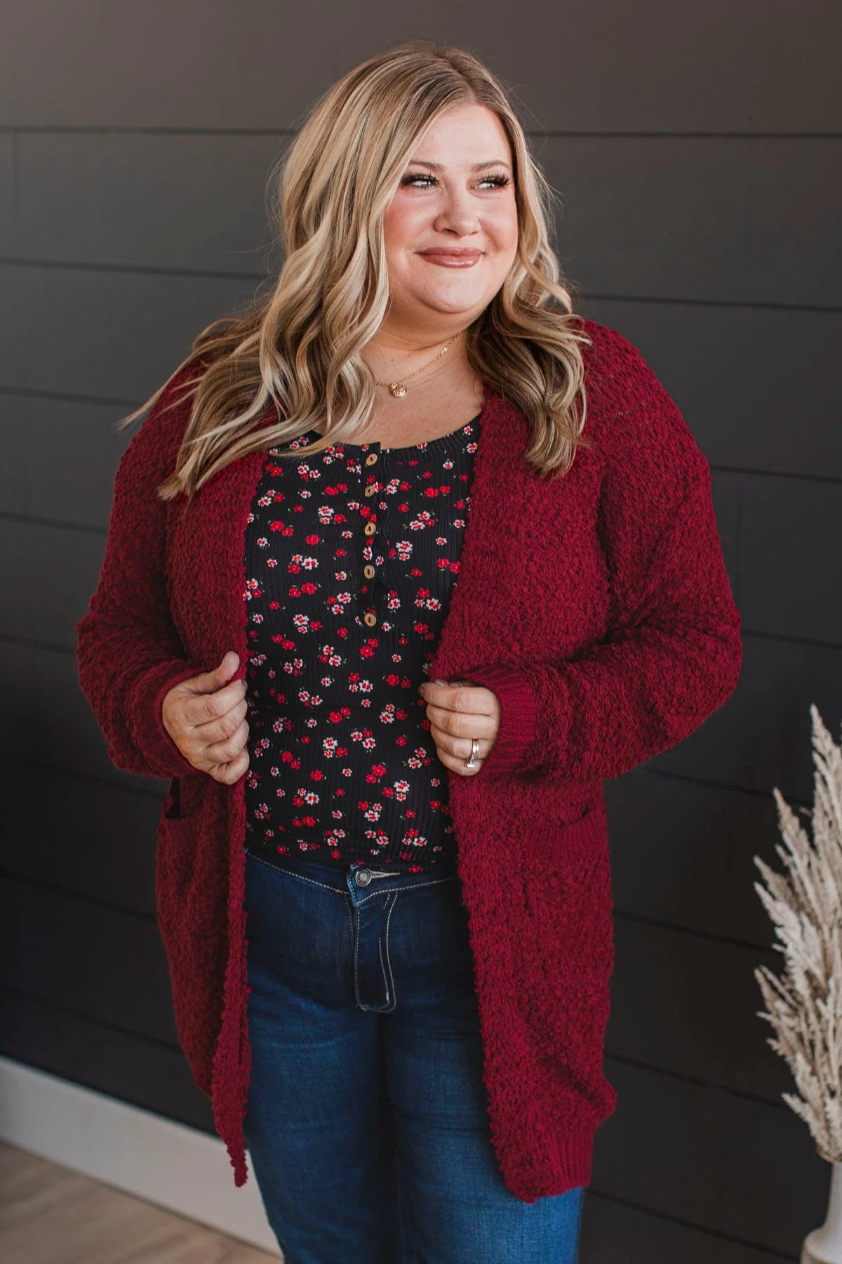 Movie Date Popcorn Knit Cardigan- Deep Red - Image 4